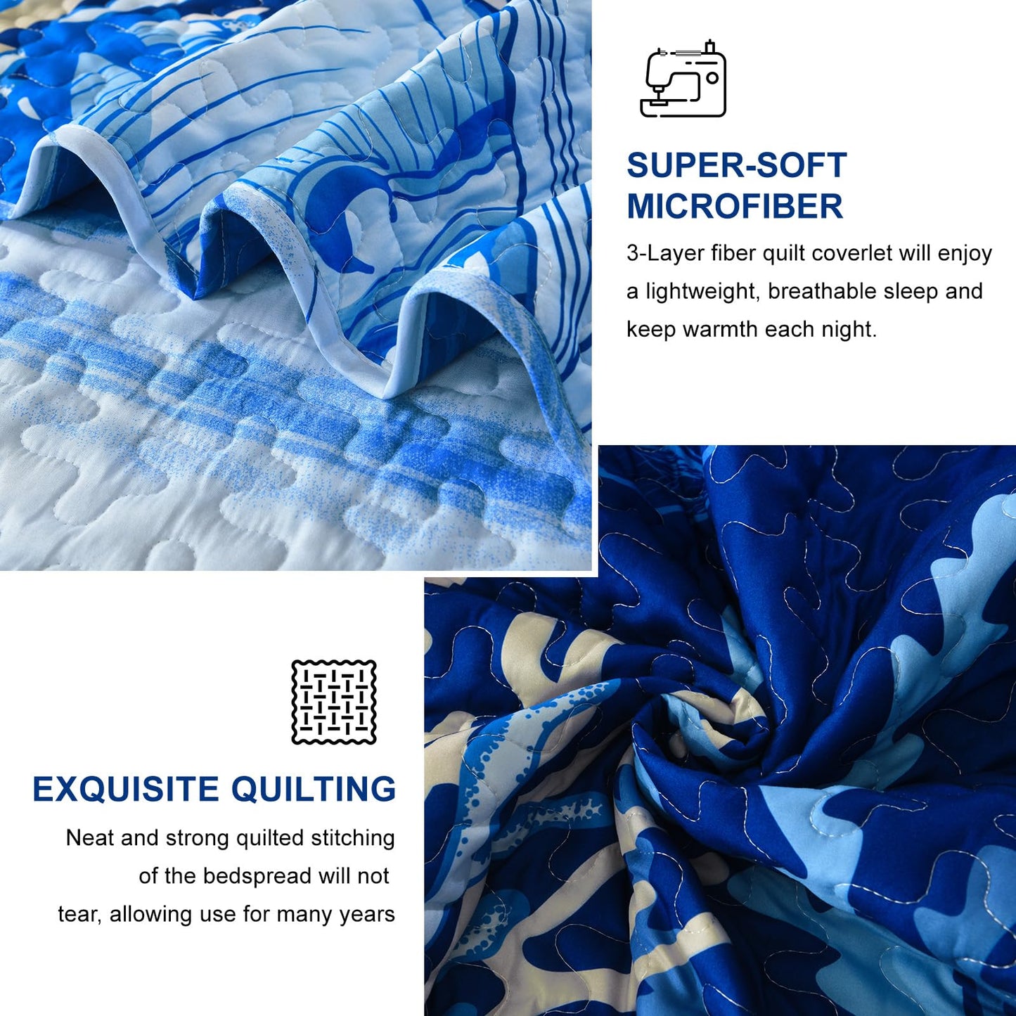 DJY Coastal Quilt Set King Size 3 Piece, Beach Theme Pattern Quilted Blanket Thin Reversible Microfiber Bedding Lightweight Soft Bedspread Coverlet Sets for All Season (1 Quilt, 2 Pillow Shams)