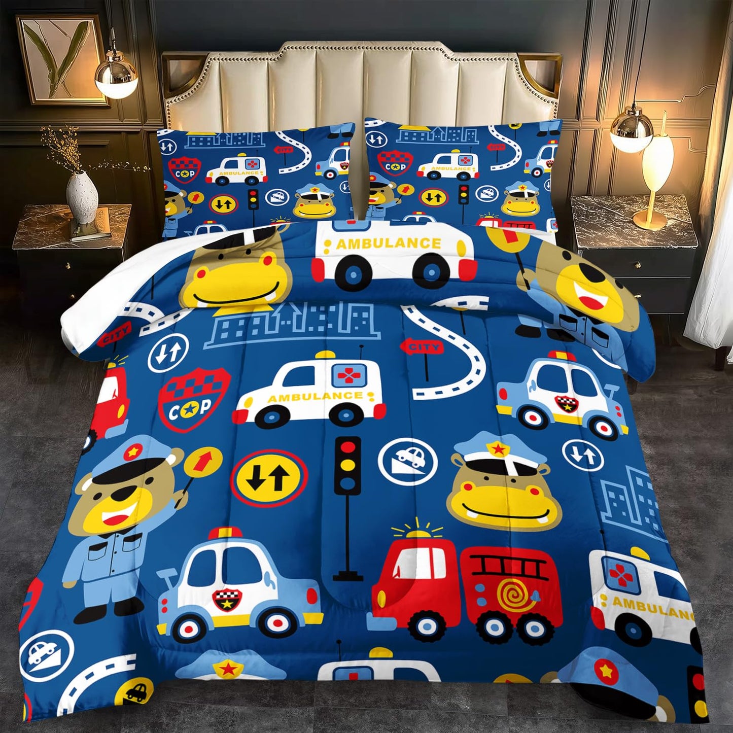 llyxsesty Kids Cop Car Comforter Set Queen Boys Fire Truck Bedding Set for Teens,Bear Comforter Queen Quilt Toy Police Car Bedroom Decor Cartoon Animal Bedding Bed Decor