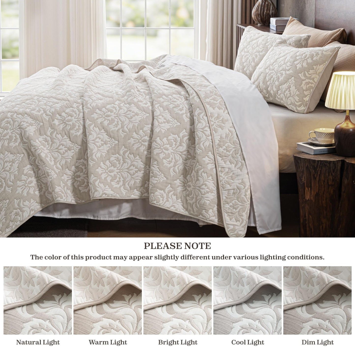 Exclusivo Mezcla Cotton Quilts King Size Beige, Soft Lightweight Bedspread Breathable Prewashed Bed Coverlet with 2 Pillow Shams, Boho Pattern Yarn Dyed Muslin Quilt Bedding Set for All Seasons