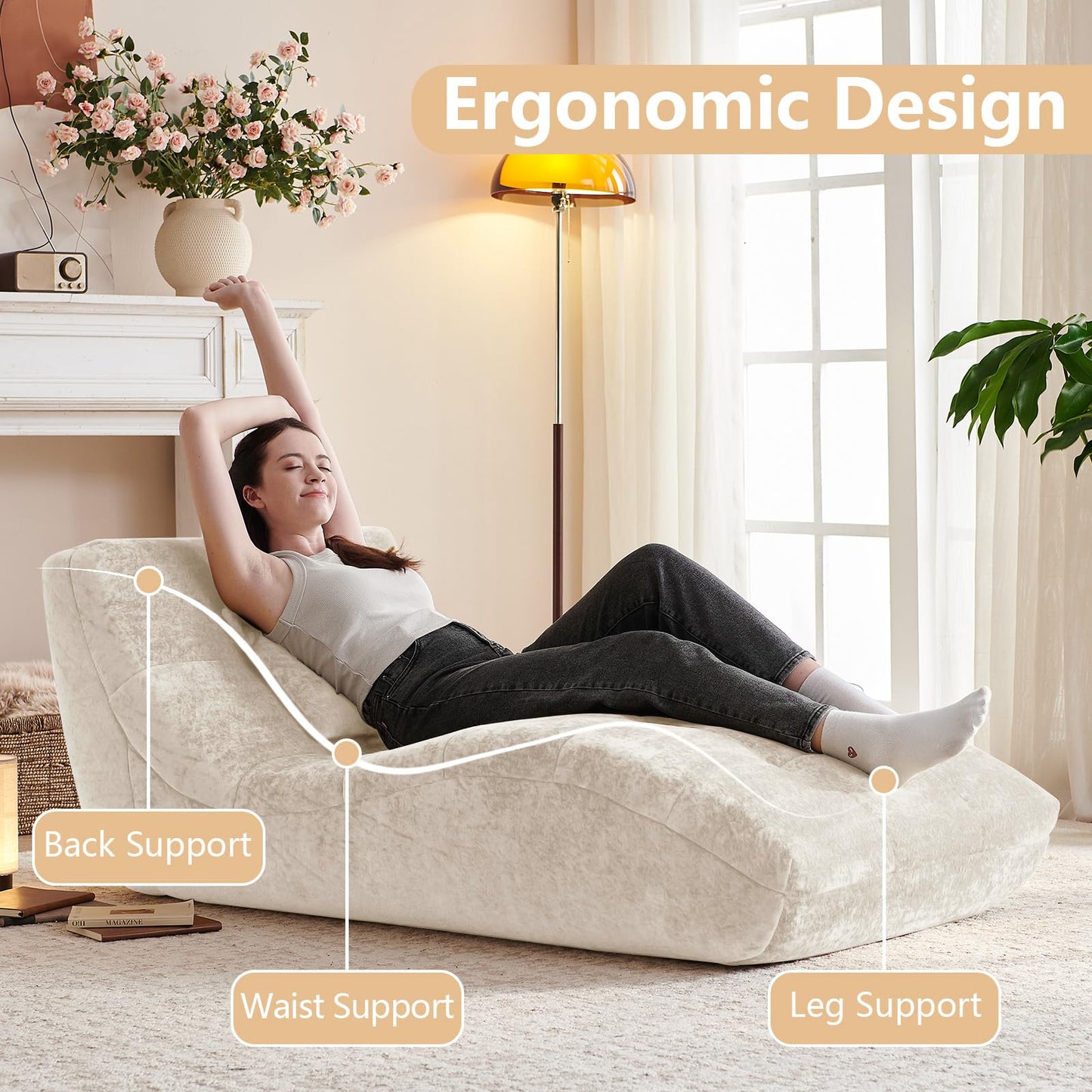 Huadeo Chaise Lounge Chair with Curved Back, Modern Upholstered Recliner Sofa, Tufted Accent Lounger Comfortable Lazy Chair for Bedroom, Apartment (Beige)