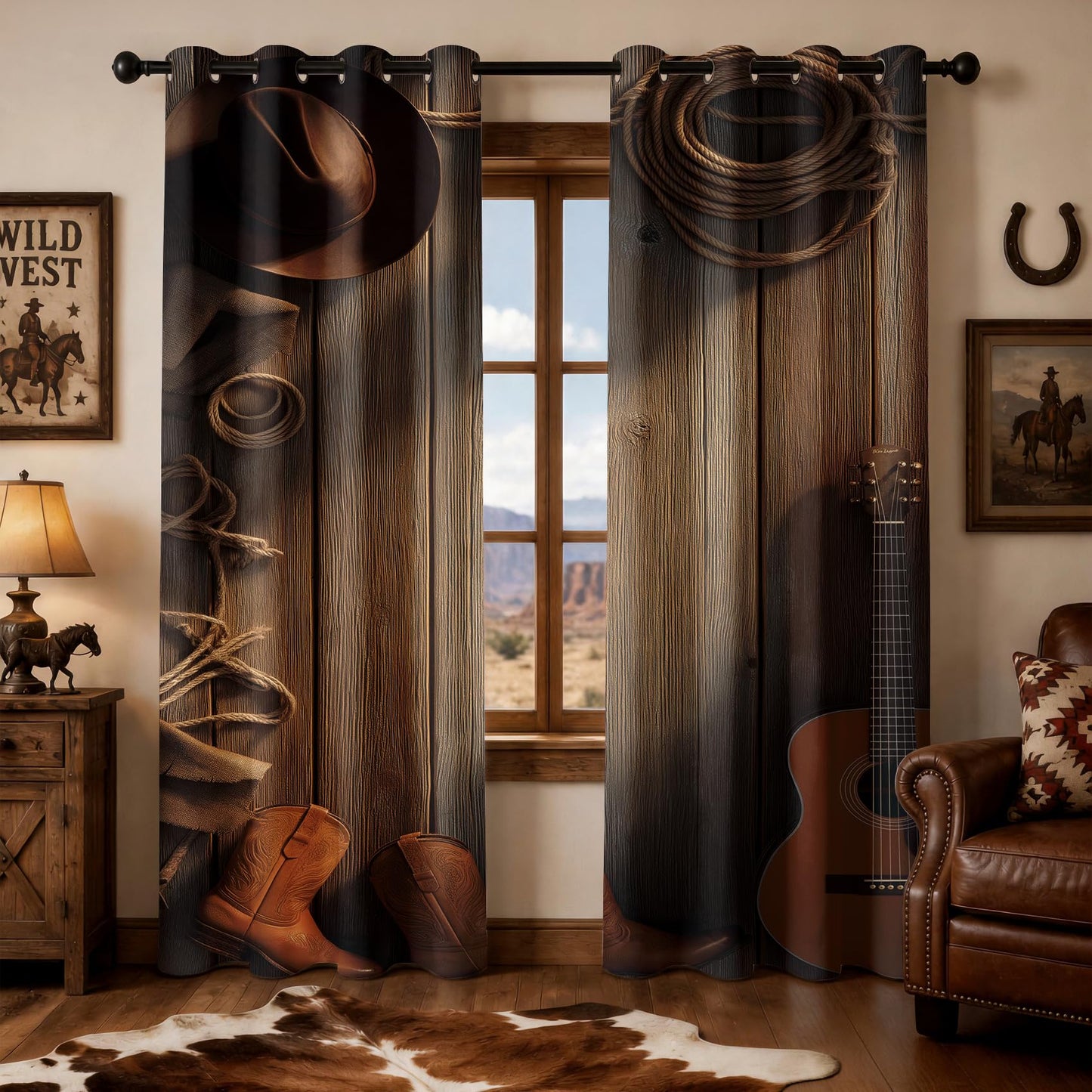 Western Farmhouse Patterned Curtains Blackout, Thermal Insulated Room Darkening Grommet Drapes for Kitchen, 54 Inch Curtains 2 Panel Set, Rustic Cowboy Wood Grain Hat Boots Guitar Window Treatments