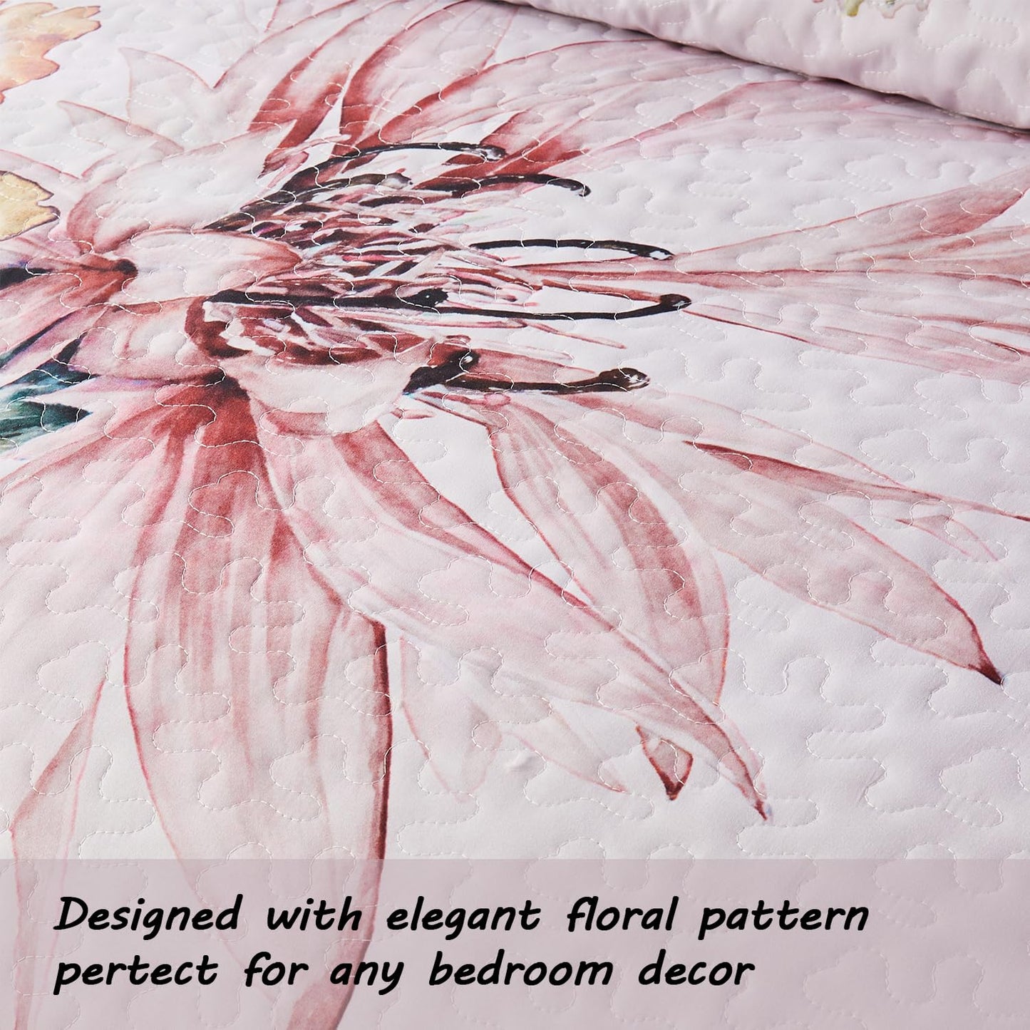 Yogeneg Full Queen Size Quilt Set,Elegant Floral Botanical Pattern Pink Bedding Set,3 Piece Lightweight Soft Summer Bedspread Coverlet with 2 PIillow Sham for All Season(Blush Floral,90"x96")