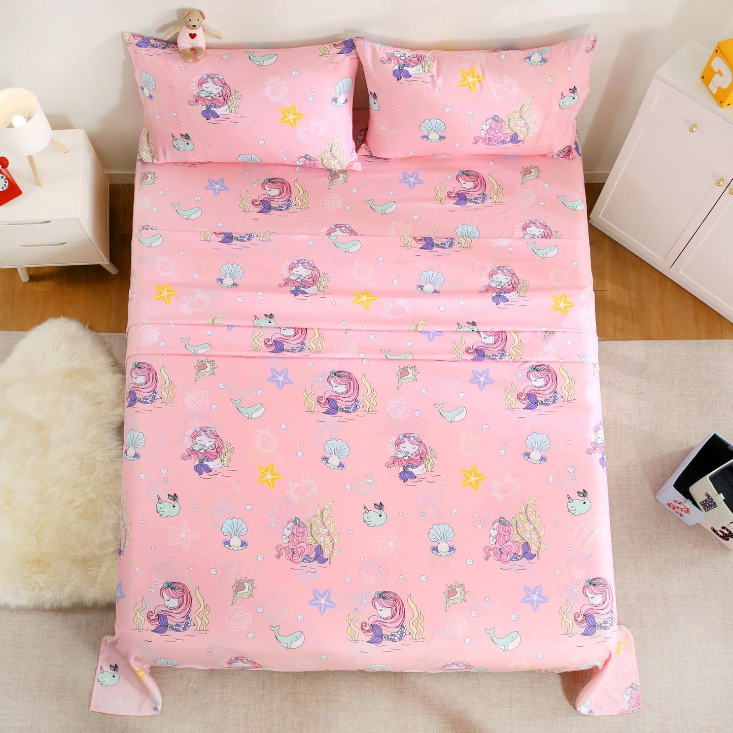 LONAVA Twin Sheet Set Kids - 3 Pieces Soft Microfiber Cartoon Style Bedsheets for Boys Girls Teens, Oeko TEX, Breathable Deep Pocket Sheets, (Mermaid)