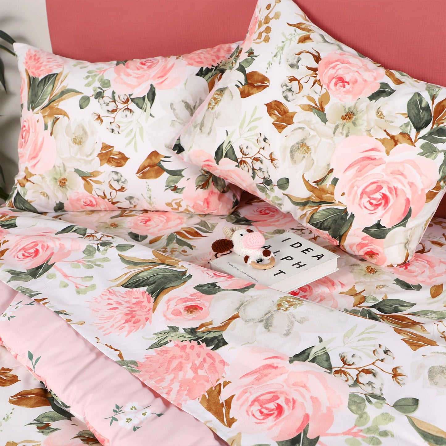 DILIMI Full Size Comforter Set for Girls, Reversible 5 Pieces Full Bedding Set, 5 Pieces Ultra Soft Pink Floral Full Size Bed Comforter Sets with Sheet, Comforter, Flat Sheet, 2 Pillowcase