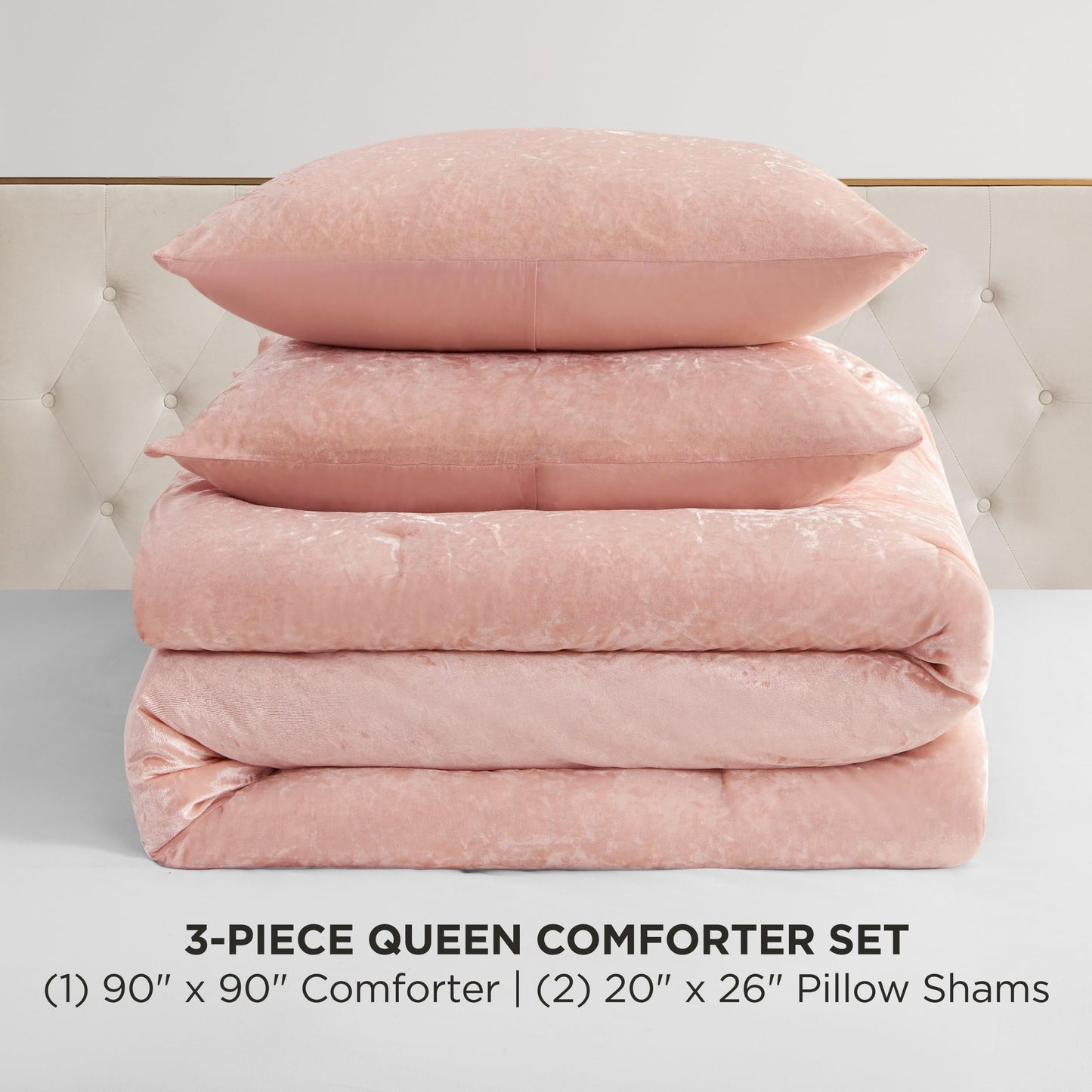 Juicy Couture Crushed Velvet Queen Comforter and Sham Set, 3-Piece Queen Bedding Set - (1) 90"x90" Comforter and (2) 20"x26" Sham - Pink