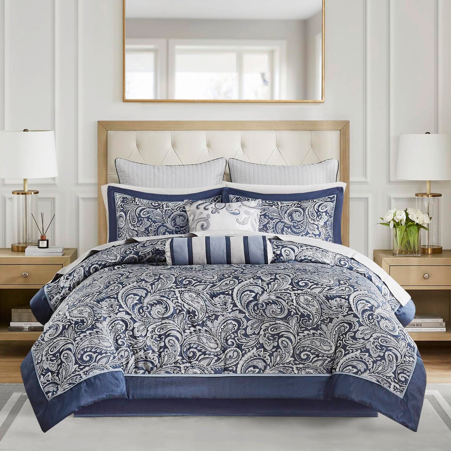 Madison Park Aubrey Cozy Comforter Set, Faux Silk Jacquard Paisley Design - All Season Down Alternative Bedding with Cotton Bed Sheets, Bed Skirt & Toss Pillows, Queen Navy 12 Piece