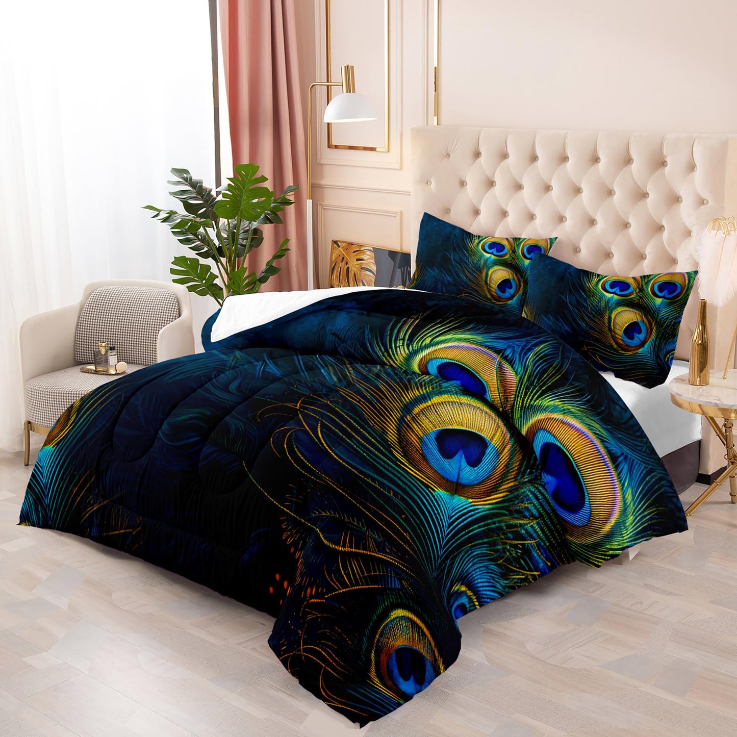 Tuzaovy Peacock Feather Queen Bedding Set - Boho Comforter for Girls, Bohemian Gothic Decor, Western Hippie Animal Print Black