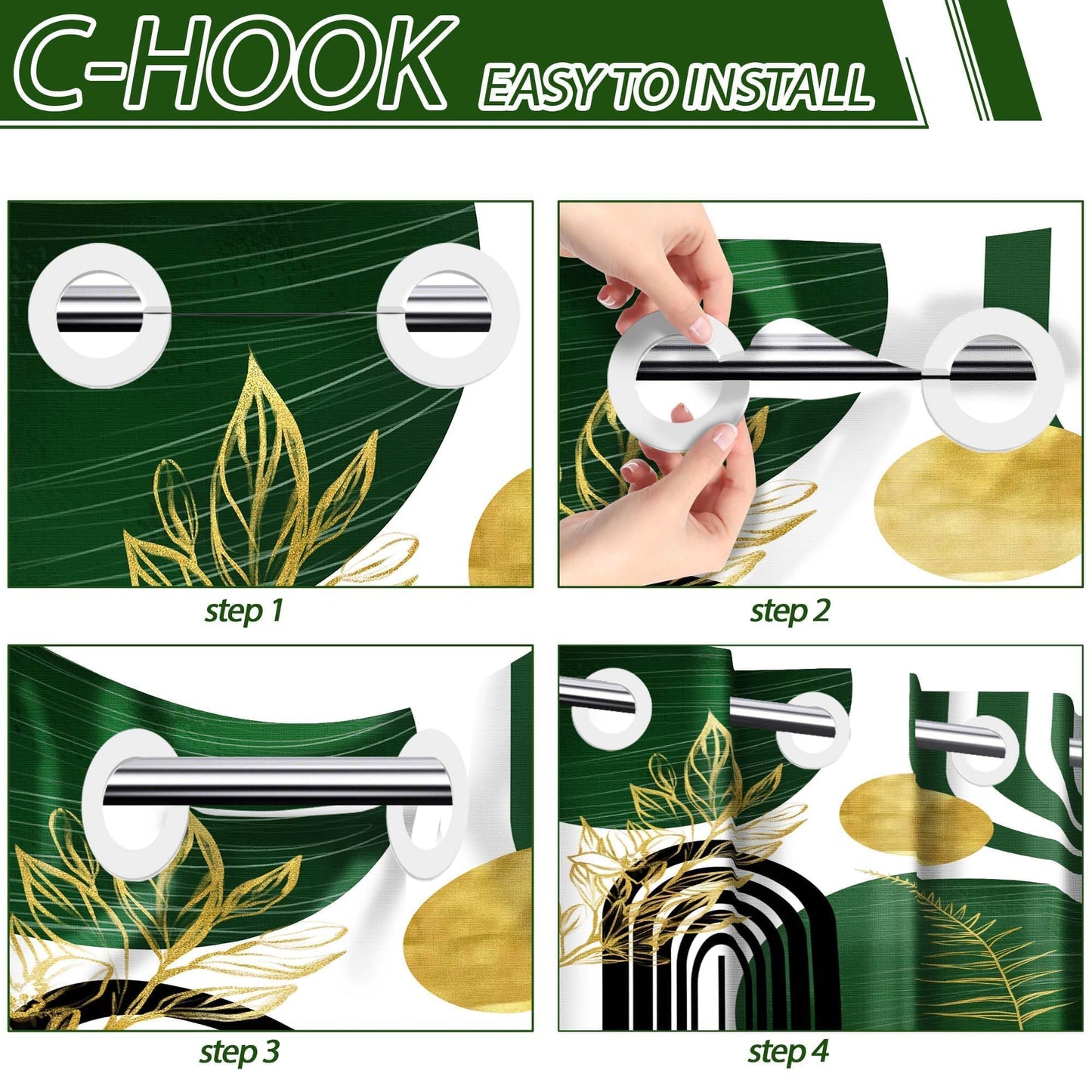 Bxpaitx Olive Green and Gold Hookless Shower Curtain with Snap in Liner Set, Bohemian Emerald Green No Hook Shower Curtains for Mid Century Modern Bathroom, Waterproof Cloth Fabric, 71x74 in