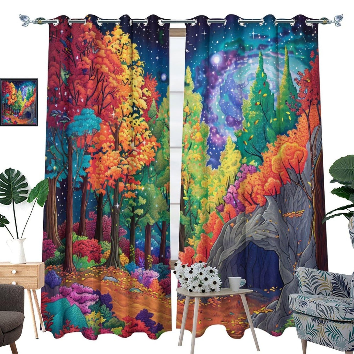 TOWINSFB Autumn Maple Leaves Blackout Curtains, Tree Leaf Forest Star Moon Grommet Thermal Insulated Curtains Window Drapes for Bedroom Living Room, 2 Panels, Each 21W x 63L