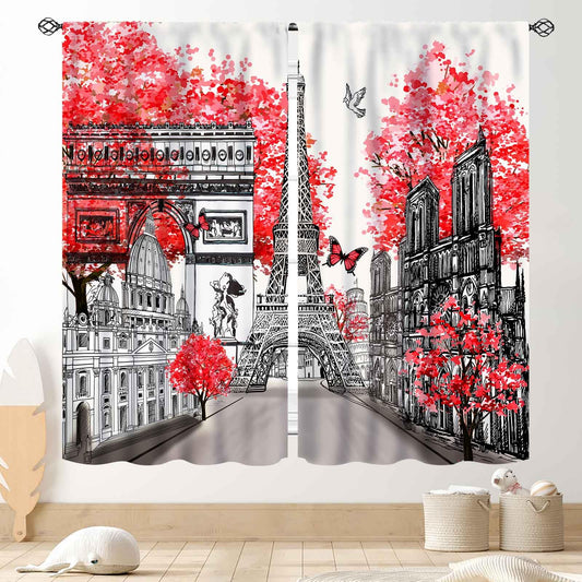 Paris Eiffel Tower Curtains, European City Scenery Landscape Landmark Famous Cityscape Romantic Modern Red Girls Woman Window Drapery for Bedroom Living Room Kitchen Bathroom 2 Panels, 42"x45" Inch