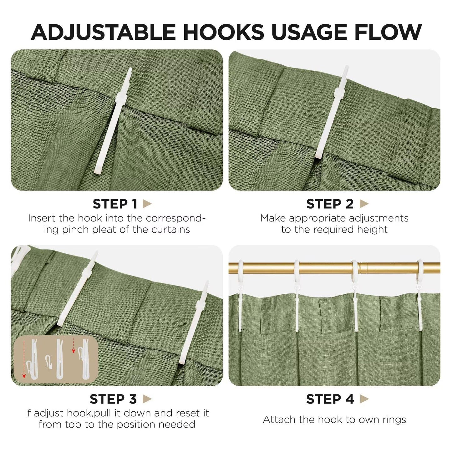 Joydeco Olive Green Pinch Pleated Linen Curtains 84 Inch Long 2 Panel Set for Living Room, Semi Sheer Curtain for Bedroom, Back Tab Light Filtering Drapes with Adjustable Hooks (40”W x84”L)