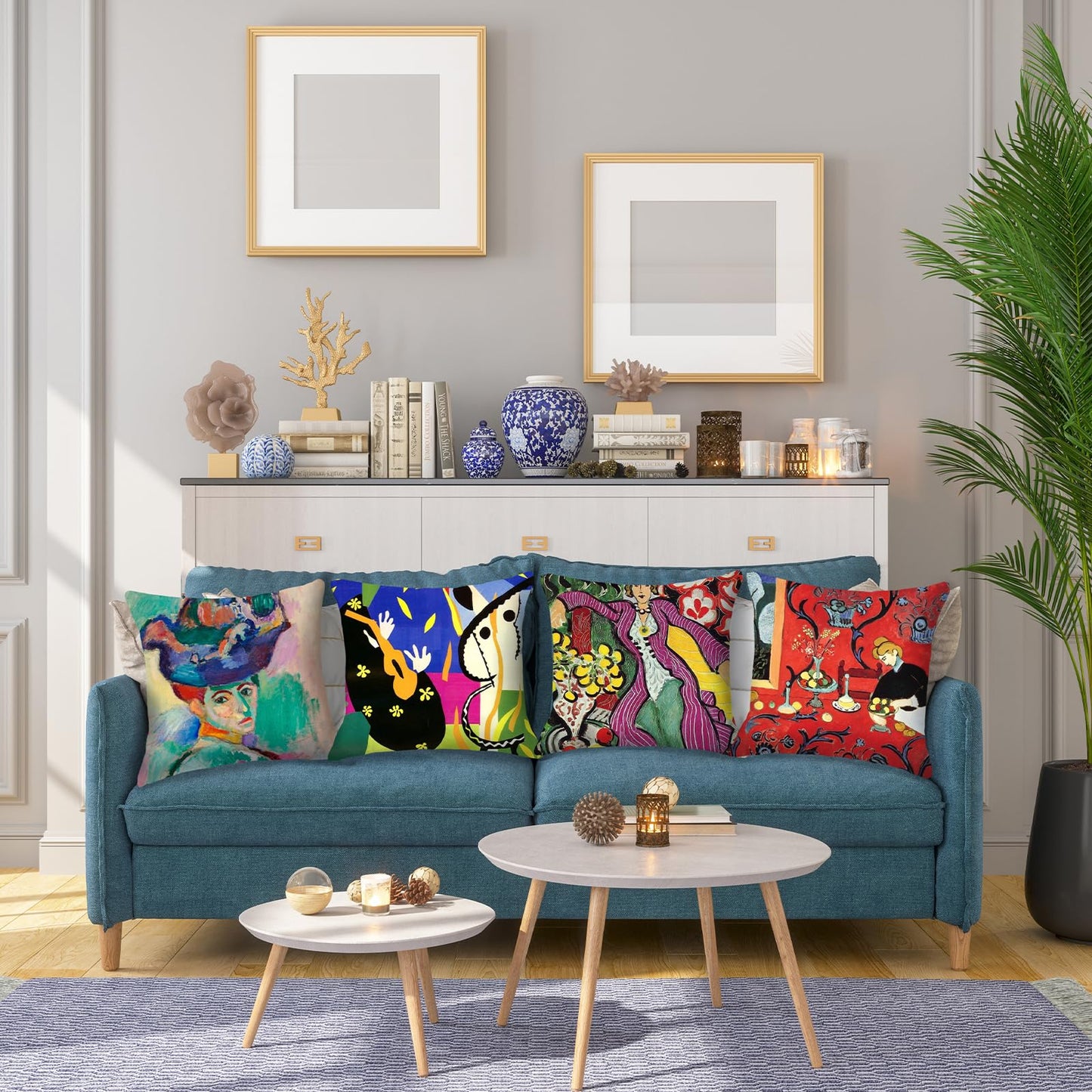 HOSTECCO Matisse Pattern Throw Pillow Covers 18x18 inches Set of 4 Abstract Art Painting Pillow Cases Aesthetic Decorative Cushion Covers for Sofa Couch Living Room