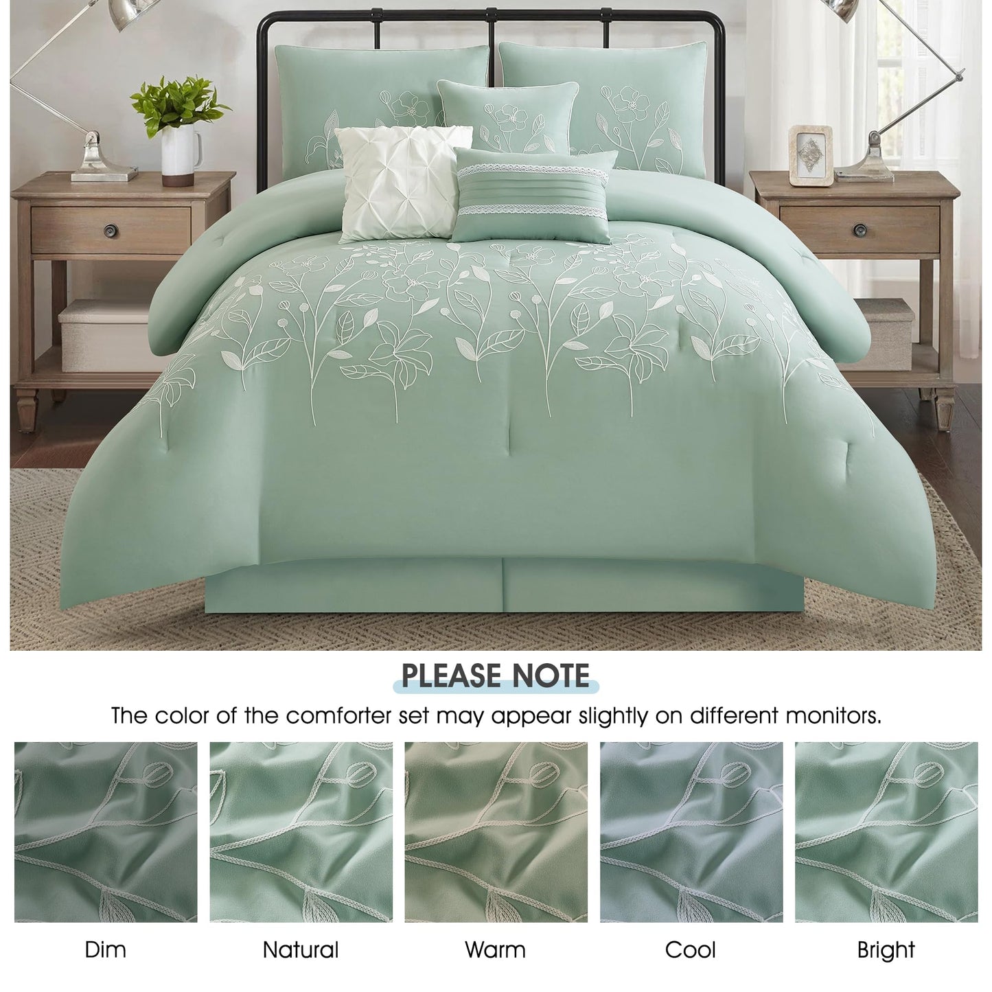 LANCO MODERN LIFESTYLE Green Queen Comforter Set, Chain Stiching 3D Floral Embroidery, Exquisite and Elegant Bedding Sets, 7 Pieces Bed in a Bag, Bedskirt, Pillow Shams and Decor Pillows
