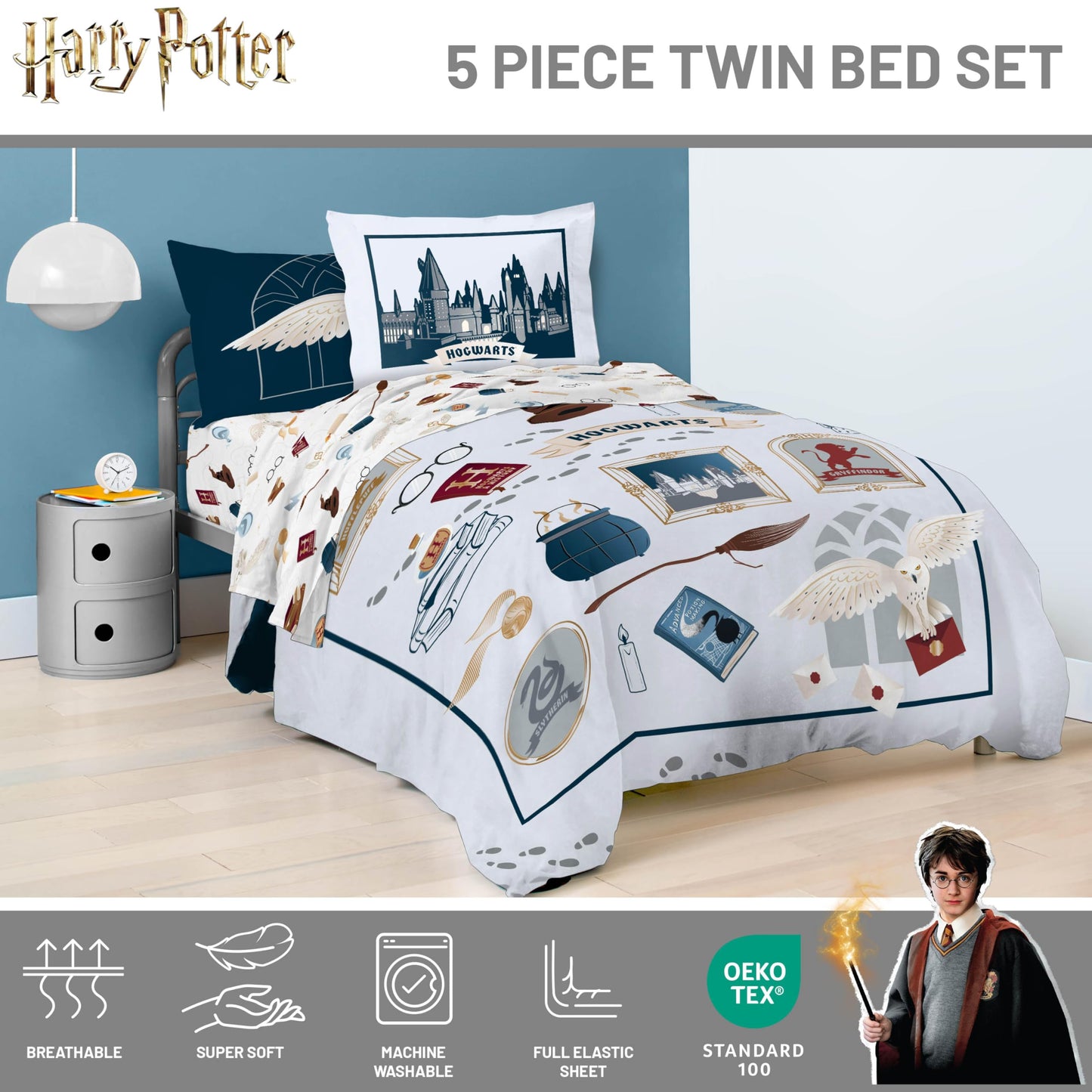 Jay Franco Kids Bed Set, Dark Grey, Harry Potter, 5 Piece Twin