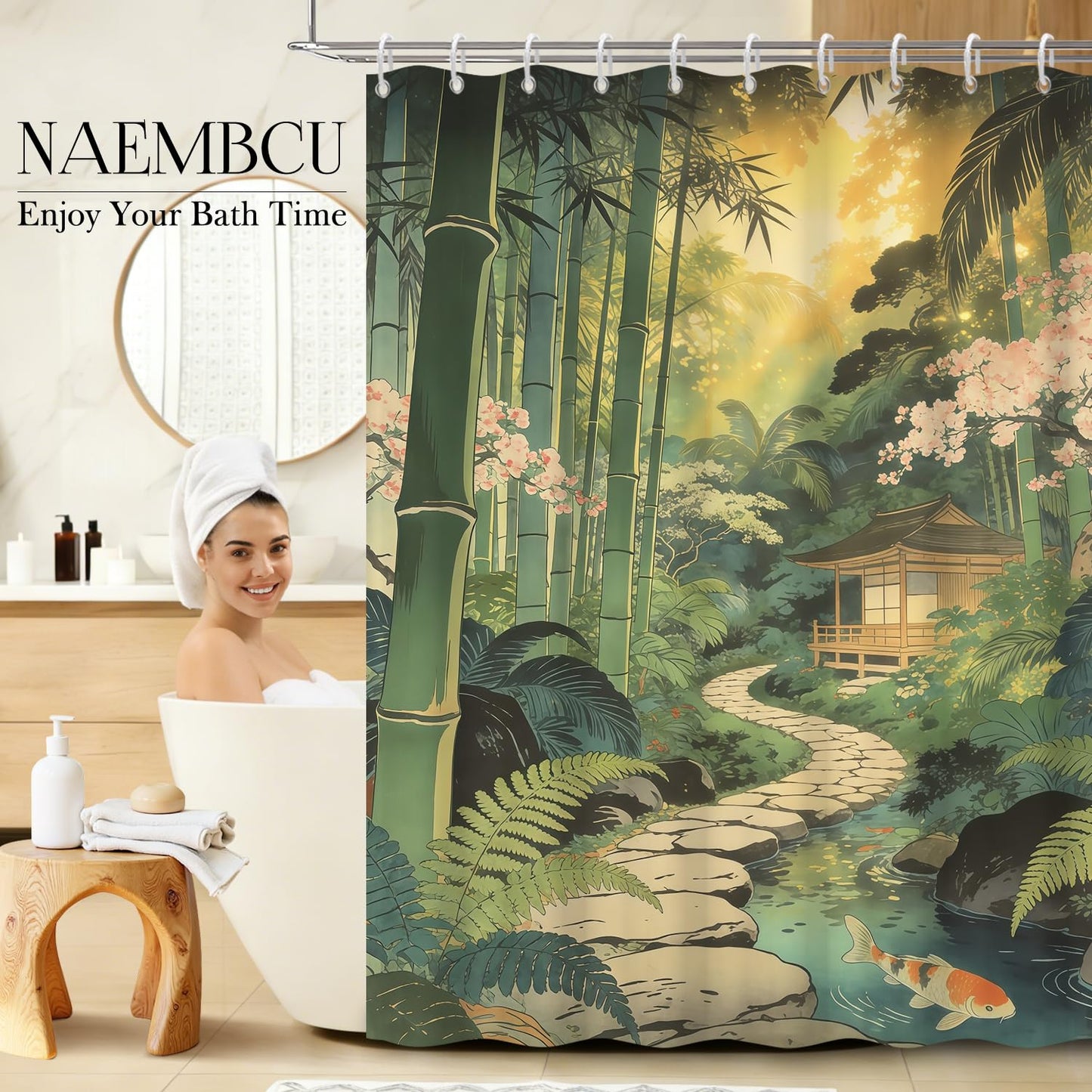 NAEMBI Zen Japanese Garden Shower Curtain 72x72 Inch - Bamboo Forest & Koi Fish Nature Print Waterproof Fabric Bath Curtain with Rust-Proof Hooks, Tranquil Spa Bathroom Curtain for Standard Tubs