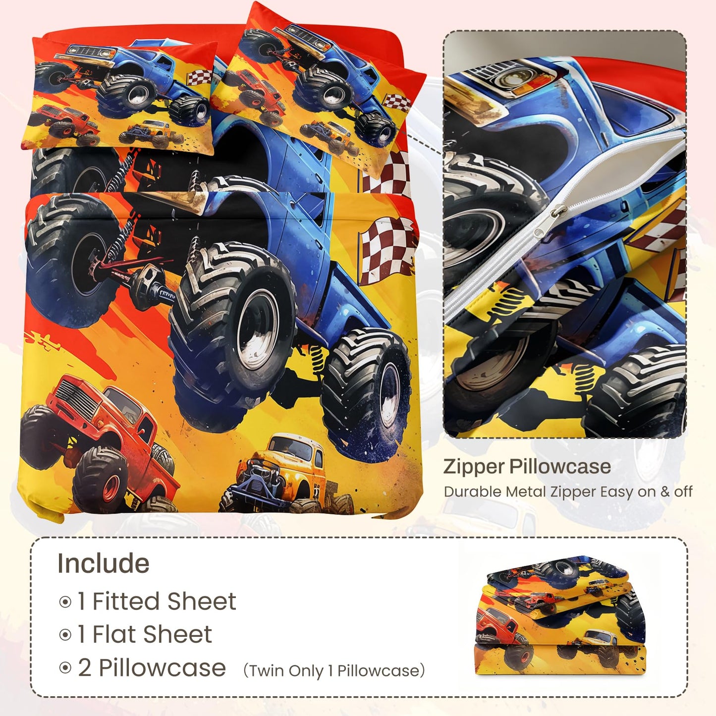 Monster Truck Bedding Set 4 Pcs Boys Queen Sheets, Blue
