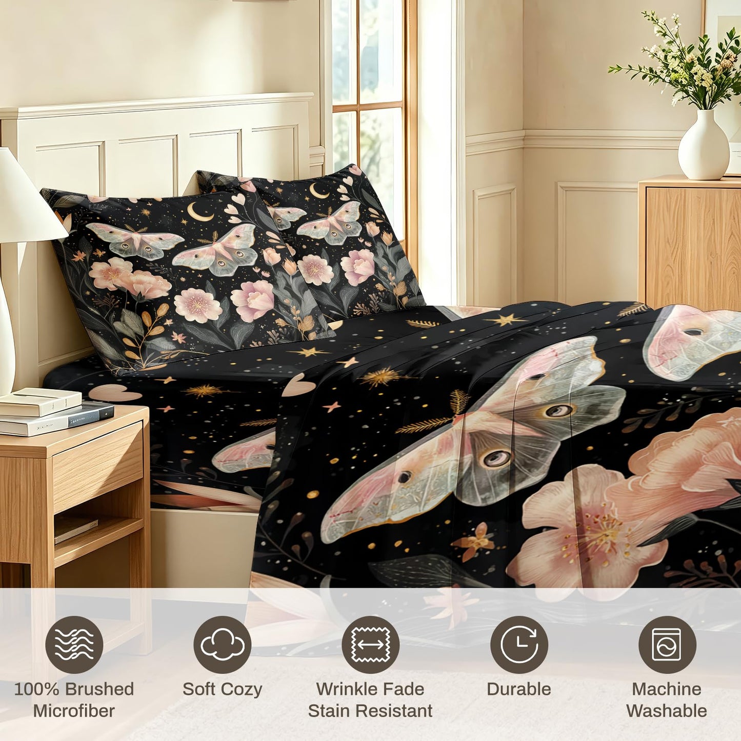 Pink Luna Moth Bedding Set 4 Pcs Girls Moon Star Full Sheets