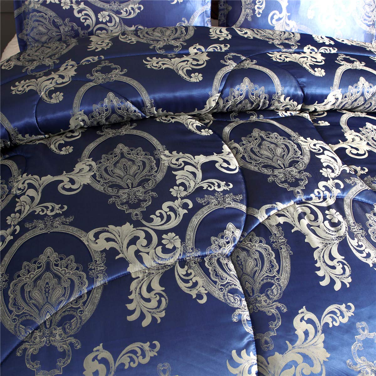 Raytrue-X Comforter Set Satin Silk Blanket All Season Bed Luxury Royal Blue Jacquard Quilt Bedding Sets Matching 2 Pillow Shams (Full/Queen, 88x88 inches, 3 Pieces)