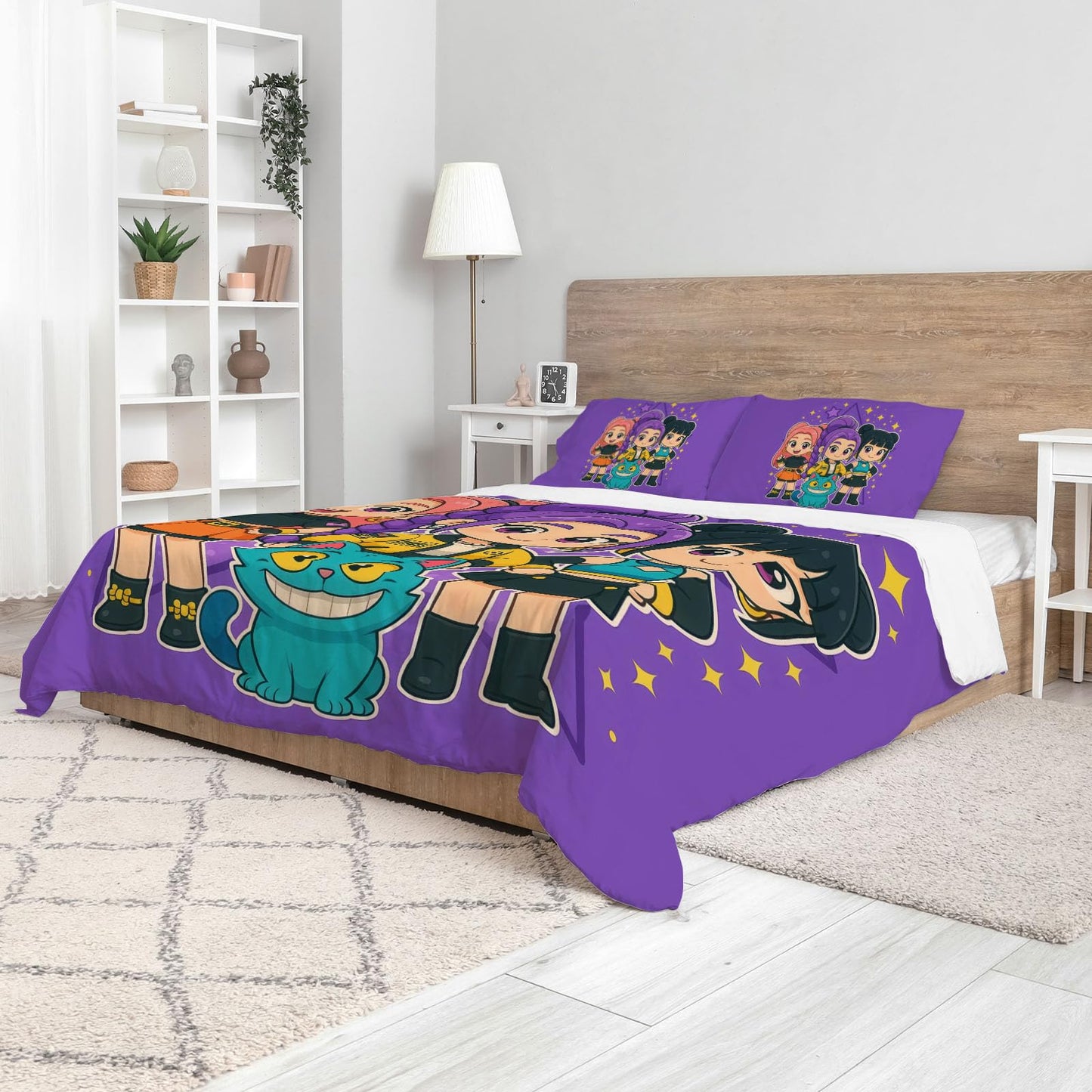 Allenjoy Cute Anime Purple Korean Hunter Comforter Set with 1 Pillowcase for Daughter Teens Fans Girls Women Bedroom Nursery Bedding Room Decor, Machine Washable Durable, Twin Size