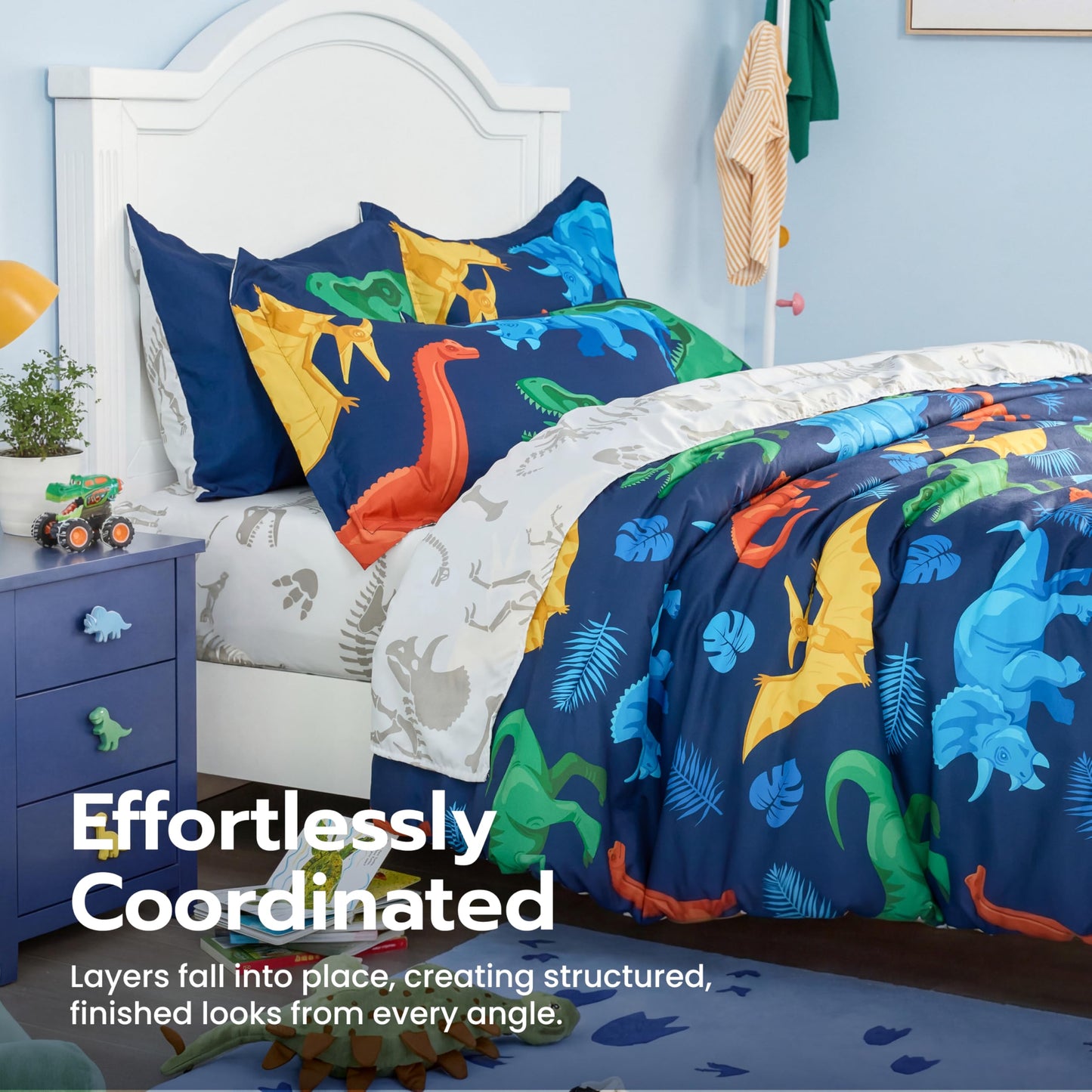Joiedomi Kids Comforter Set Bedding Set for Boys Girls Super Soft Microfiber Bed in a Bag with Comforter Sheets Pillowcase Sham, Dark Blue Dinosaur, Full