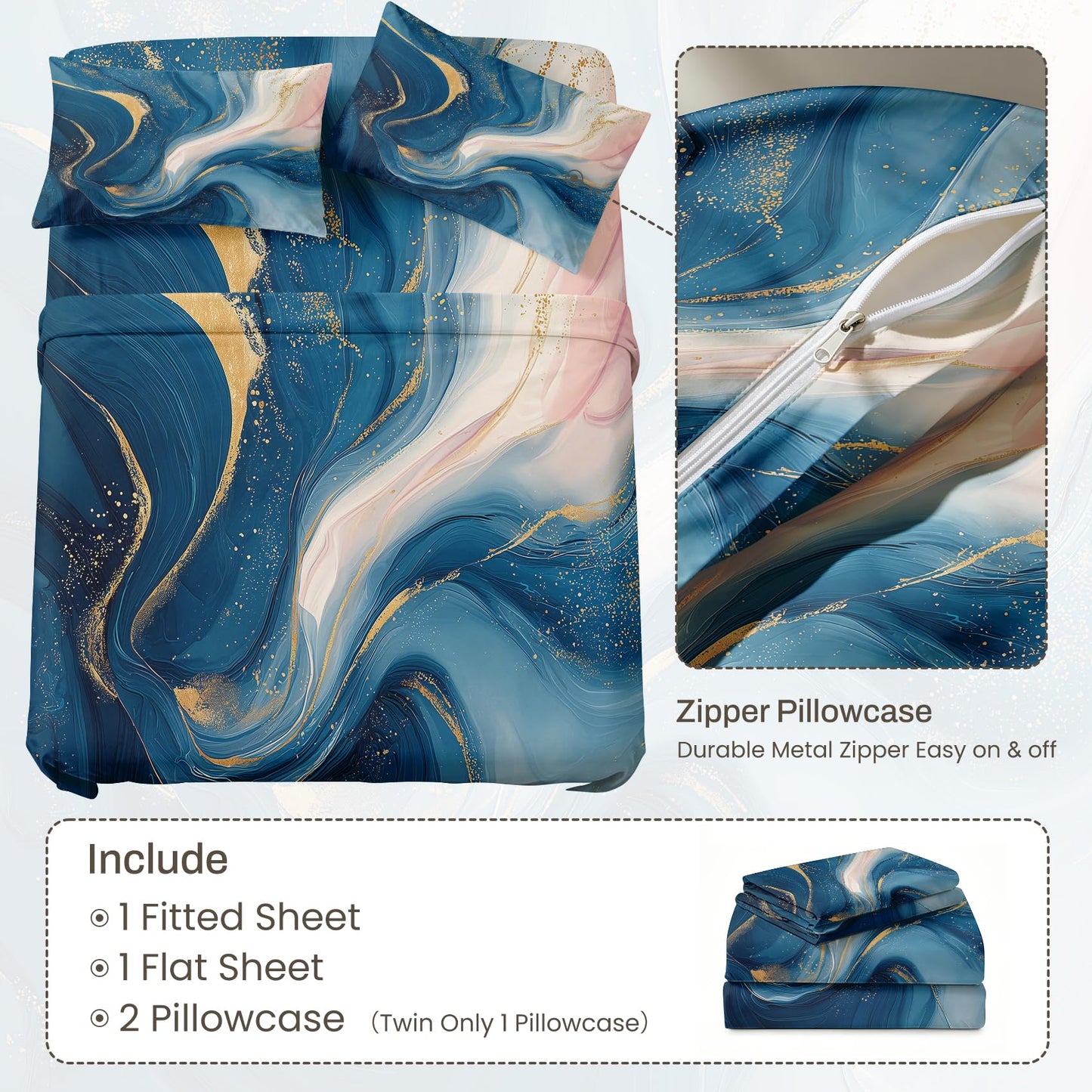 Marble Bedding Set 4 Pcs Fluid Liquid Swirl Full Sheets, Blue Gold