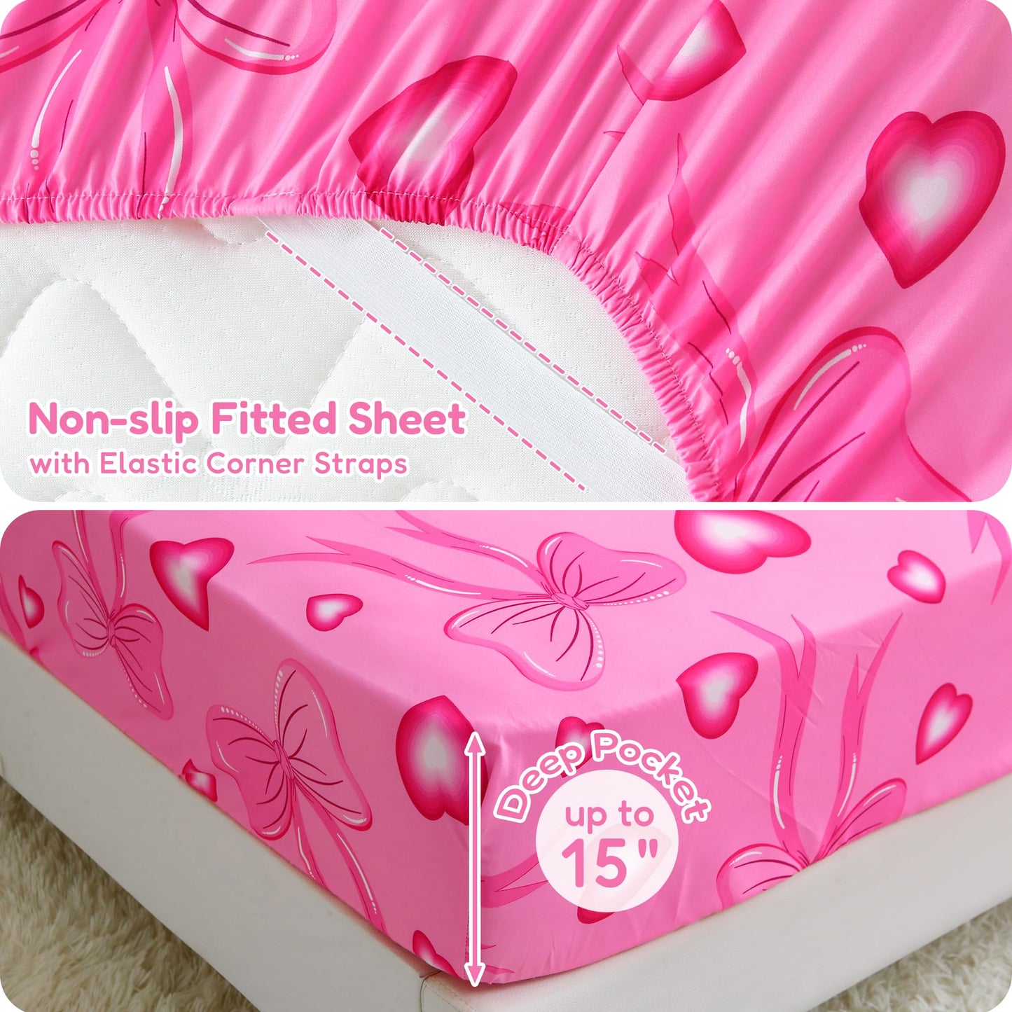 Softan Kids Twin Sheets Set, 3 Piece Heart Bow Bedding Set for Girls, Soft Breathable Microfiber with 15" Deep Pocket, Fitted Flat Sheet & Pillowcase