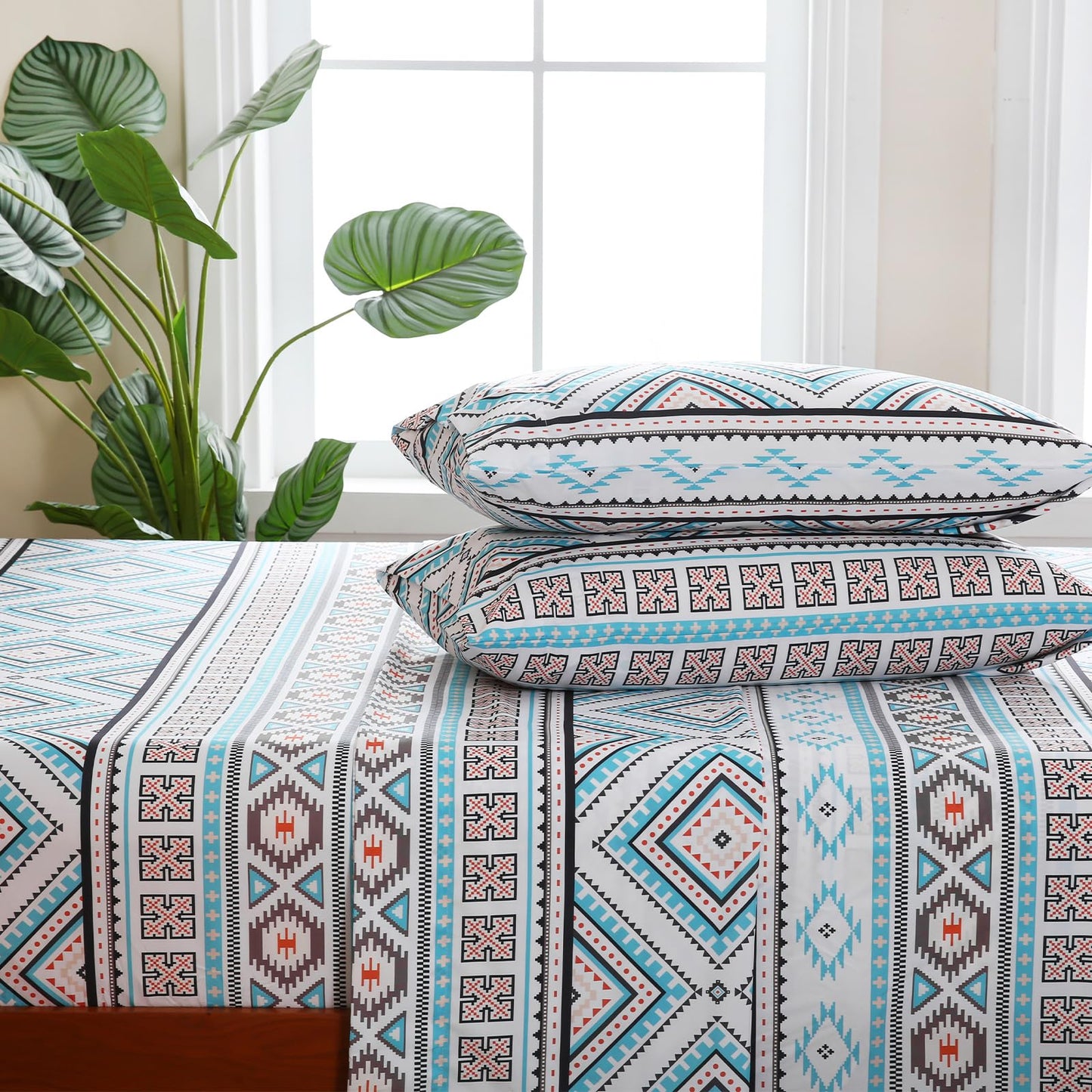 CozySmile 4 Pieces Queen Sheet Set Bohemian, Boho Sheets Soft Microfiber Deep Pocket, Western Sheets Geometric(Queen, Turquoise Geometric)