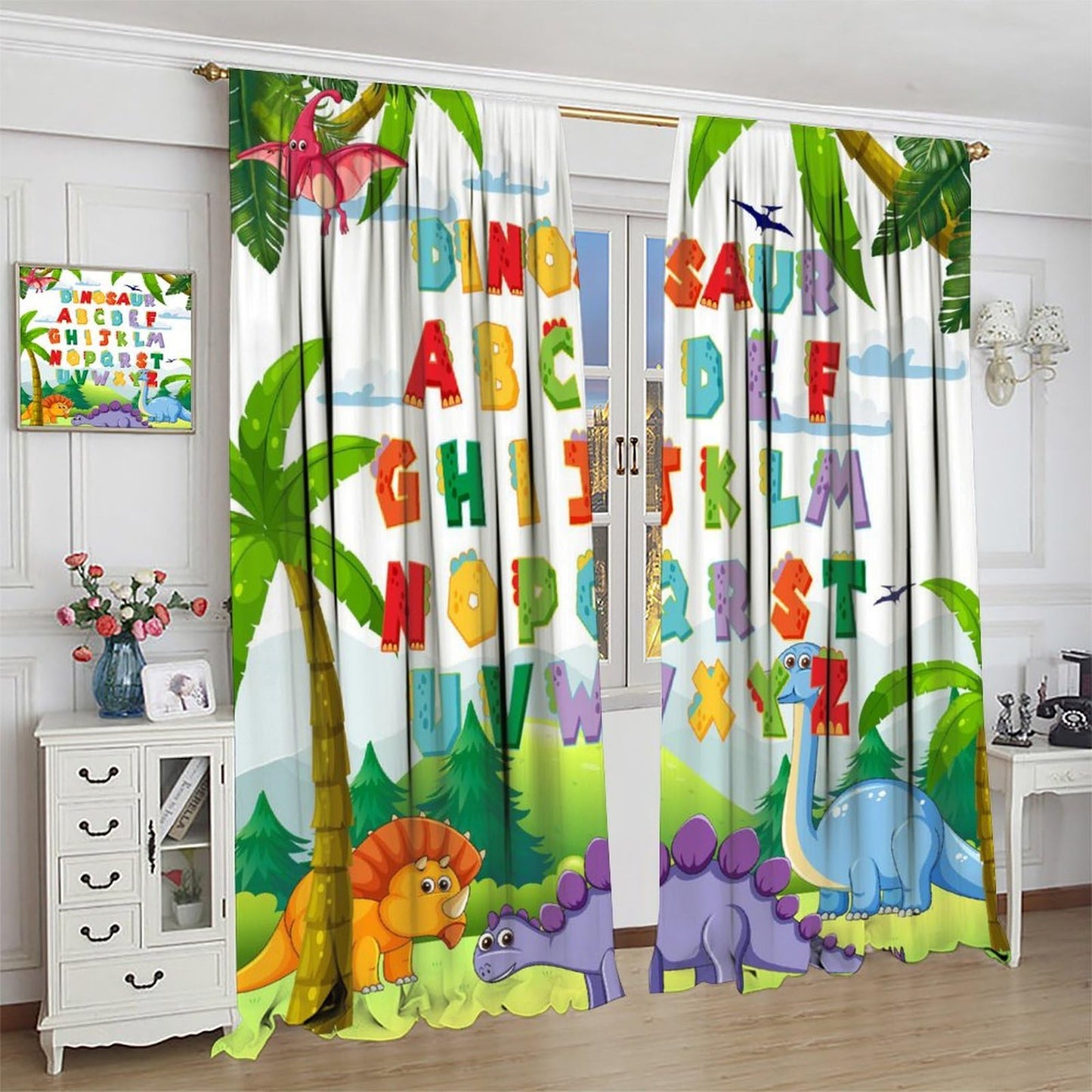 AAVEUP Dinosaur Alphabet ABC Curtains, Cartoon Jurassic Forest Plants for Educational Learning Windows Treatments Drapes for Kids Boys Nursery Children Toddler Bedroom 42x45in（No Blackout）