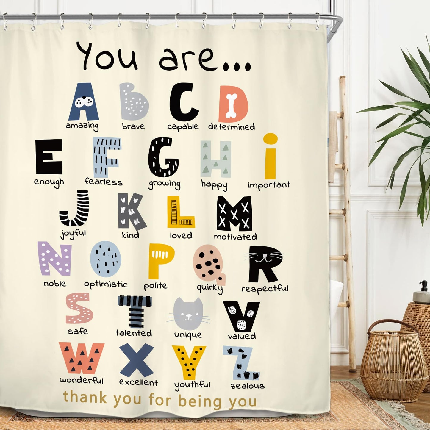 Miyotaa ABC Alphabet Quotes Shower Curtain Set 60Wx71H Inches Positive Inspirational Motivational You are Learning Educational Kids Polyester Waterproof Cloth Bathroom Curtain with 12 Hooks