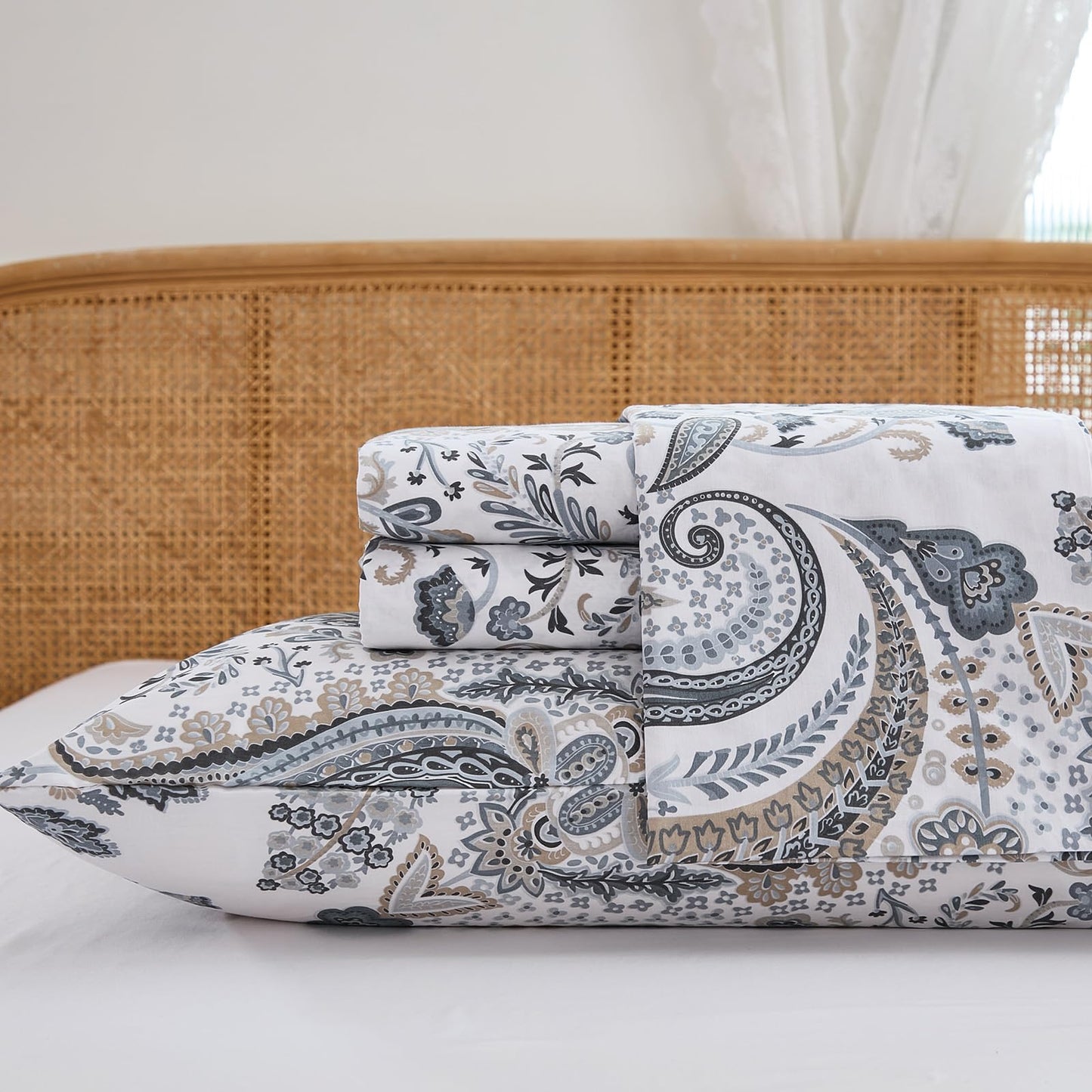Cozaline 100% Cotton Sheet Set Queen Size – 4-Piece Luxury Grey Paisley Bedding Set, Extra Soft Breathable Percale Weave, Deep Pocket Fitted Sheet 17.5", Crisp Cool Feel Bed Sheet