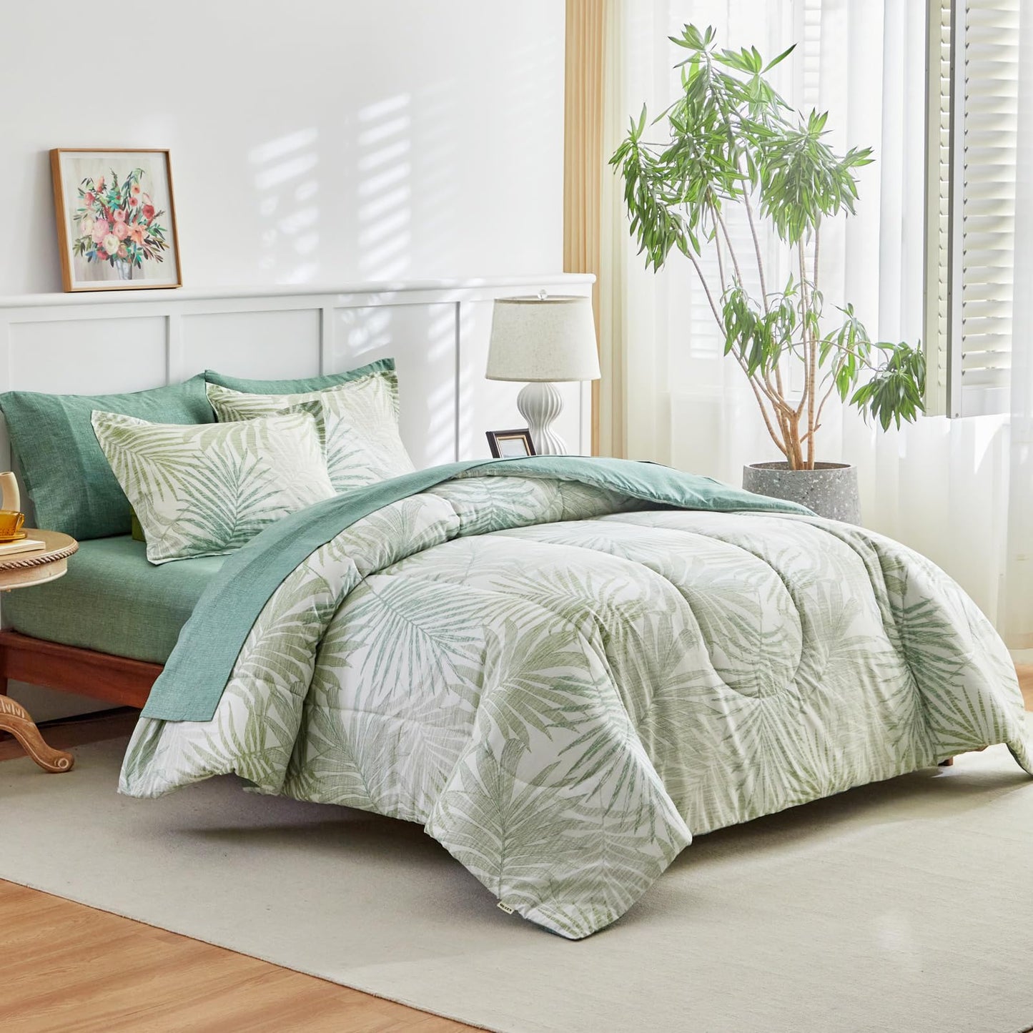 AIKASY Blue Green Queen Comforter Set with Sheets,Bed in a Bag 7-Pieces,Palm Tree Totem Printing Design,Ultra Soft Down Alternative All Season Bedding Set(Queen, Blue Green)