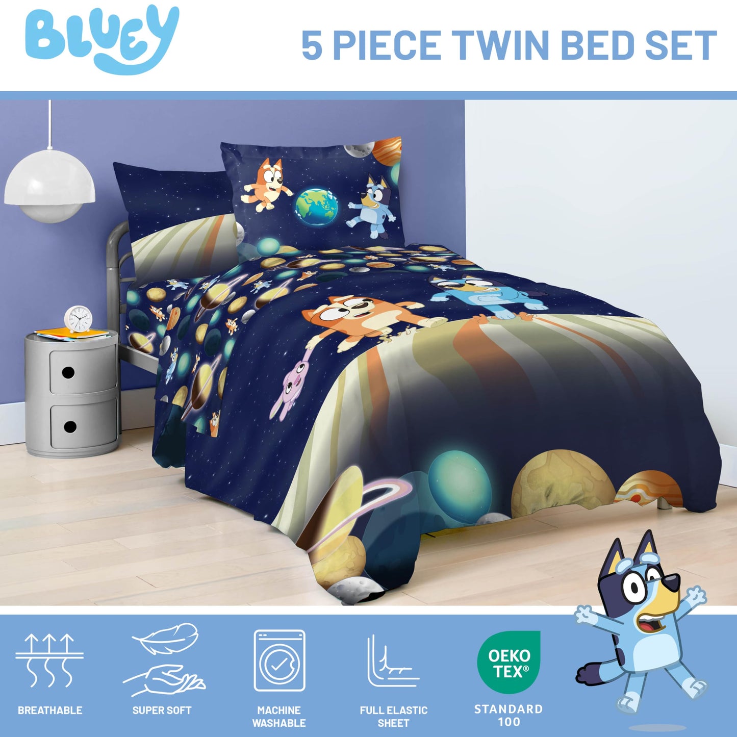 Jay Franco Kids Comforter Set Includes Sheets and Pillow Covers - Soft and Cozy Bed Set for Stylish Room Decor, Blue - Bluey & Bingo, 5 Piece Twin