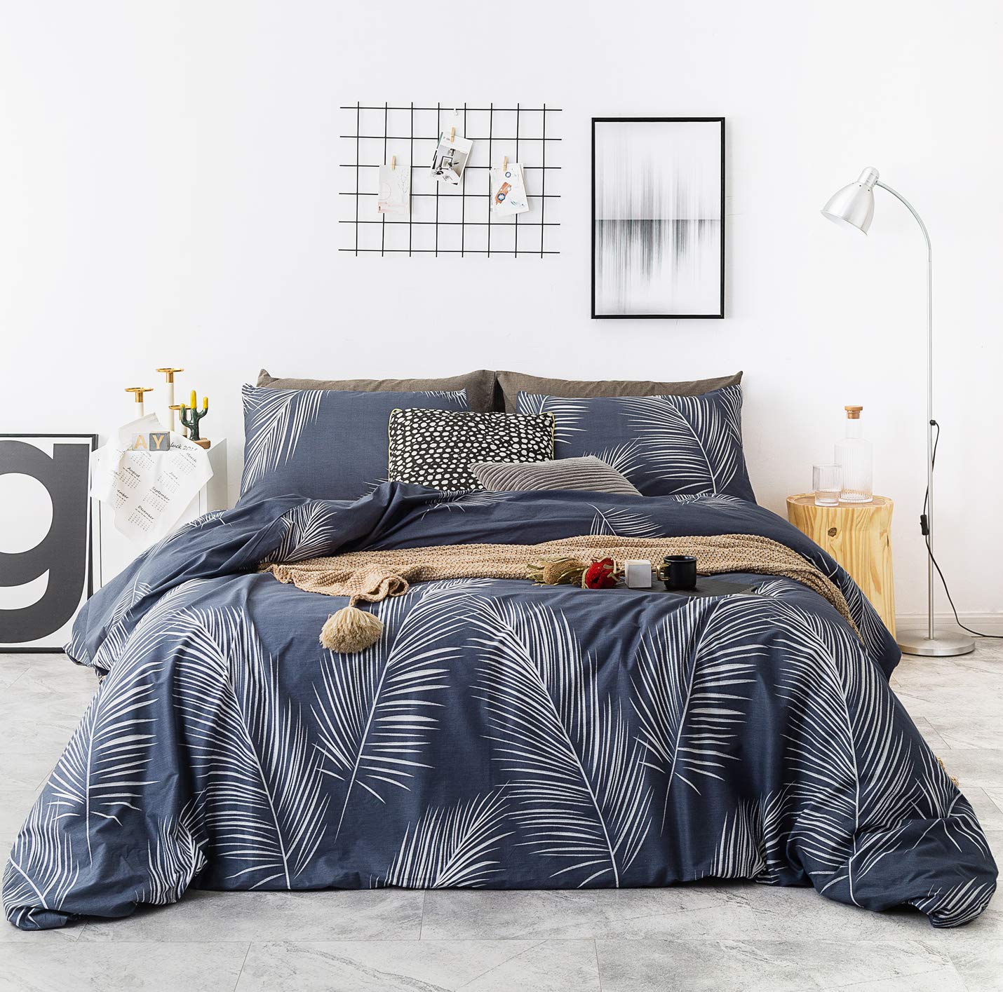 YuHeGuoJi Hawaiian Leaves Duvet Cover Queen 100% Cotton 3 Pcs Set 1 Modern Navy Blue Tropical Duvet Cover with Zipper Ties 2 Pillowcases Coastal Farmhouse Blue Botanical Bedding Set Soft