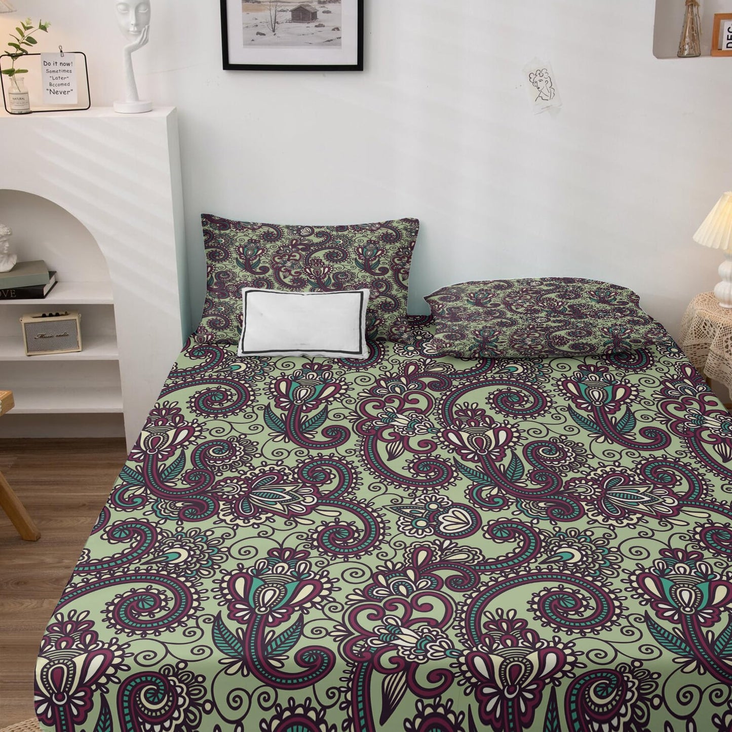NOGAWA Paisley Sheets Full, Boho Bed Sheets, Bohemian Bedding Sheets, Soft Microfiber Deep Pocket Fitted Sheet & Flat Sheet & 2 Pillowcases