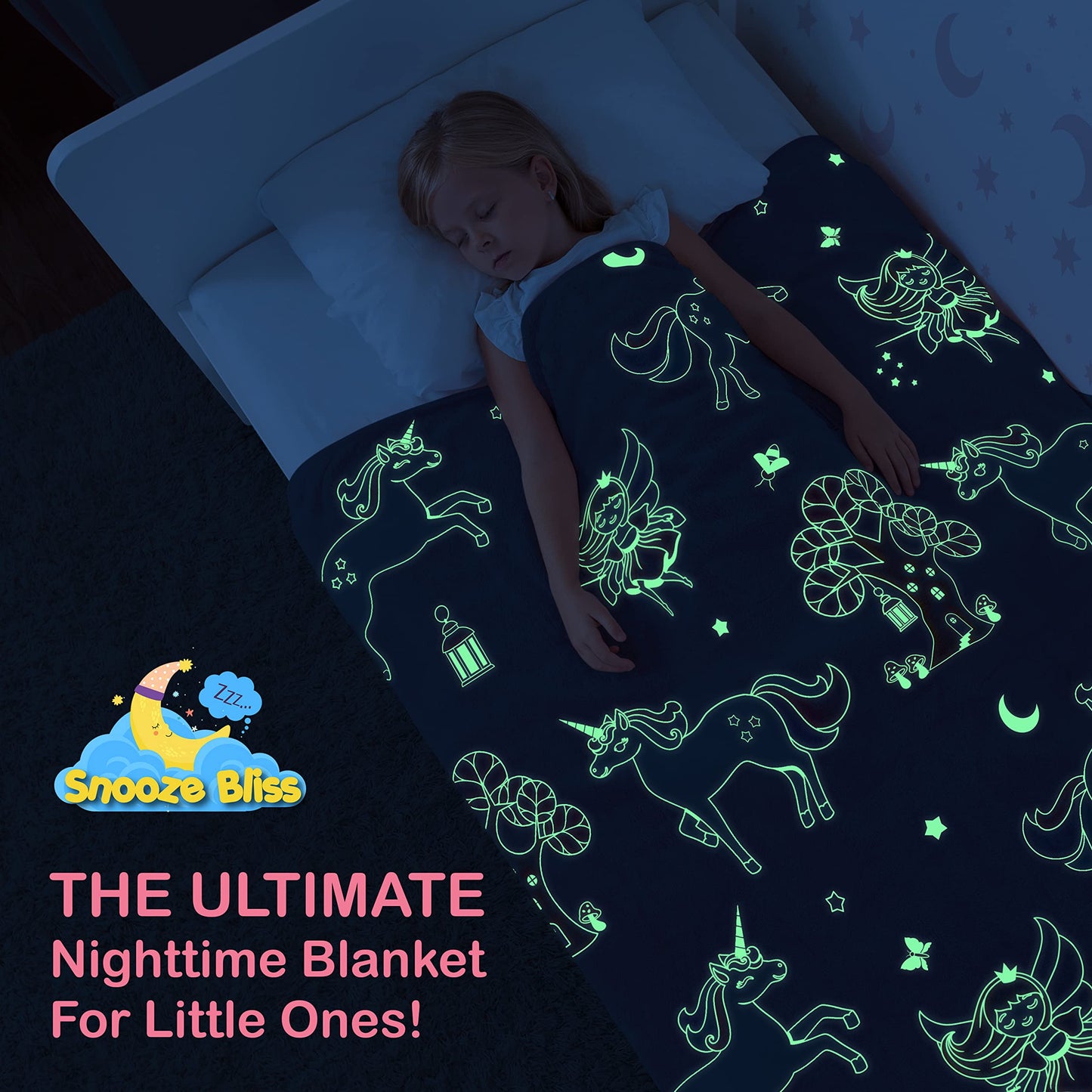 Glow in The Dark Unicorn Blanket for Girls – Soft Pink Fleece Throw. Great Christmas, Birthday, Baby, Toddler Unicorn Gifts for Girls, Fairy, Butterfly, Stars. Bright Long-Last Glow