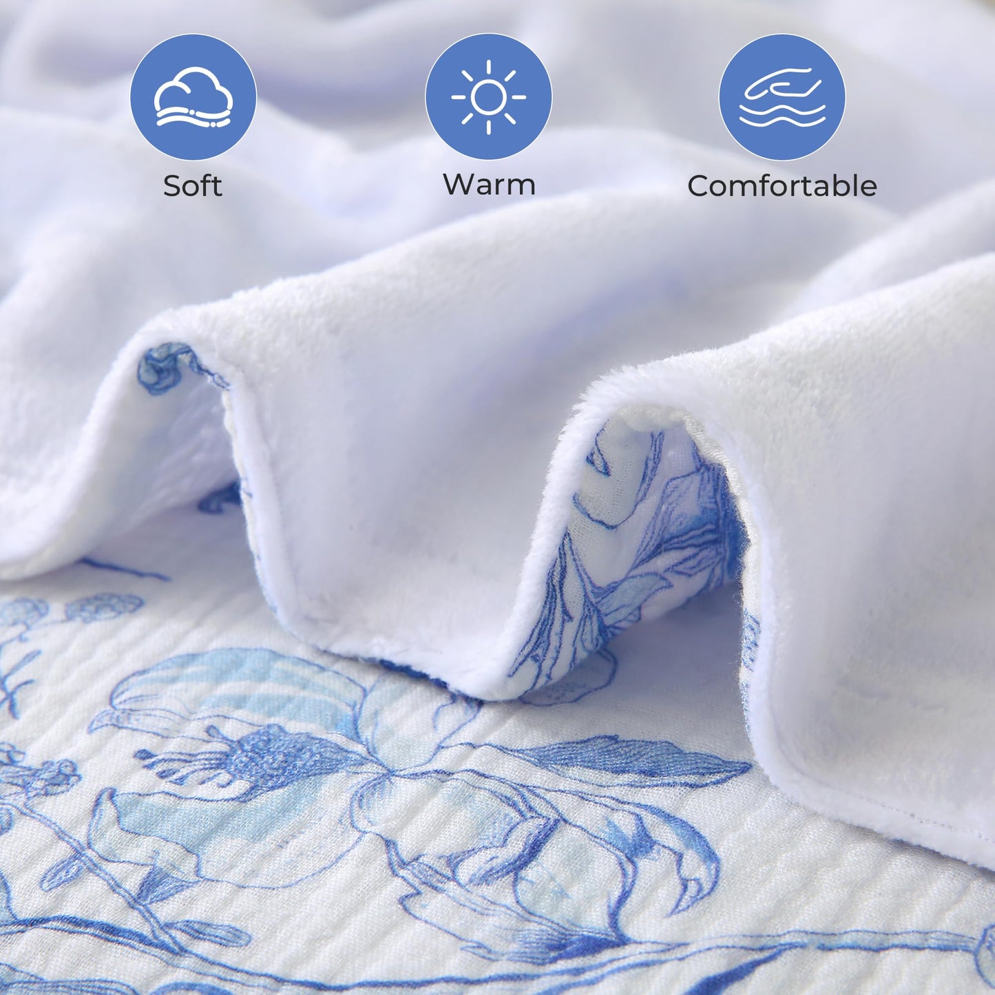 Muslin Blankets for Adults Reversible Throw Fleece & Gauze, Soft Cozy Lightweight Breathable Blue Floral Blanket for Bed Couch, Double Layer Muslin Throw Cover 90"x90"