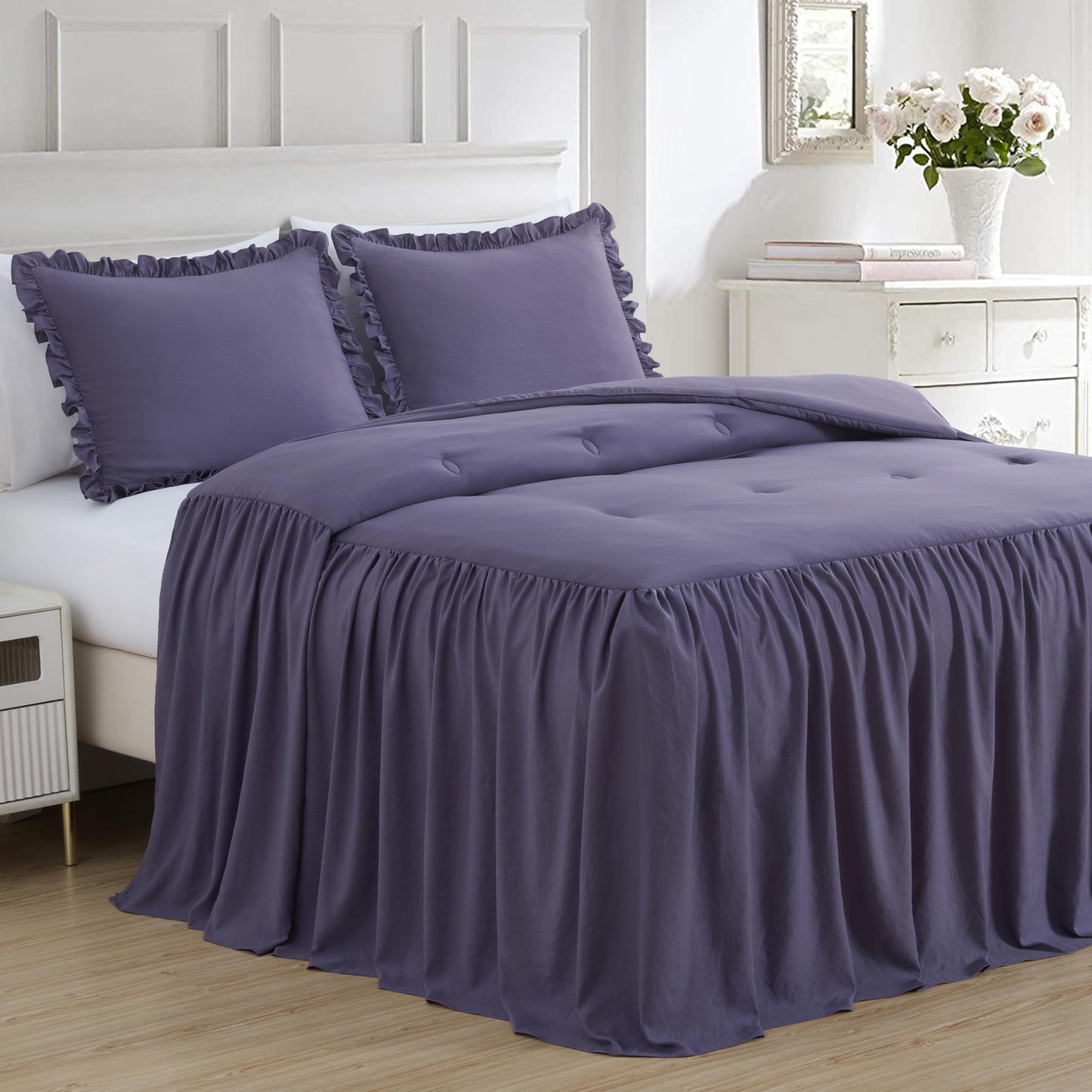 Chezmoi Collection Sinclair 3-Piece Ruffle Skirt Bedspread Set - Soft Lightweight Crinkle Texture Microfiber Bedding - French Country Chic Farmhouse - Queen, Dusty Purple
