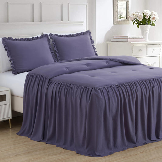 Chezmoi Collection Sinclair 3-Piece Ruffle Skirt Bedspread Set - Soft Lightweight Crinkle Texture Microfiber Bedding - French Country Chic Farmhouse - Queen, Dusty Purple