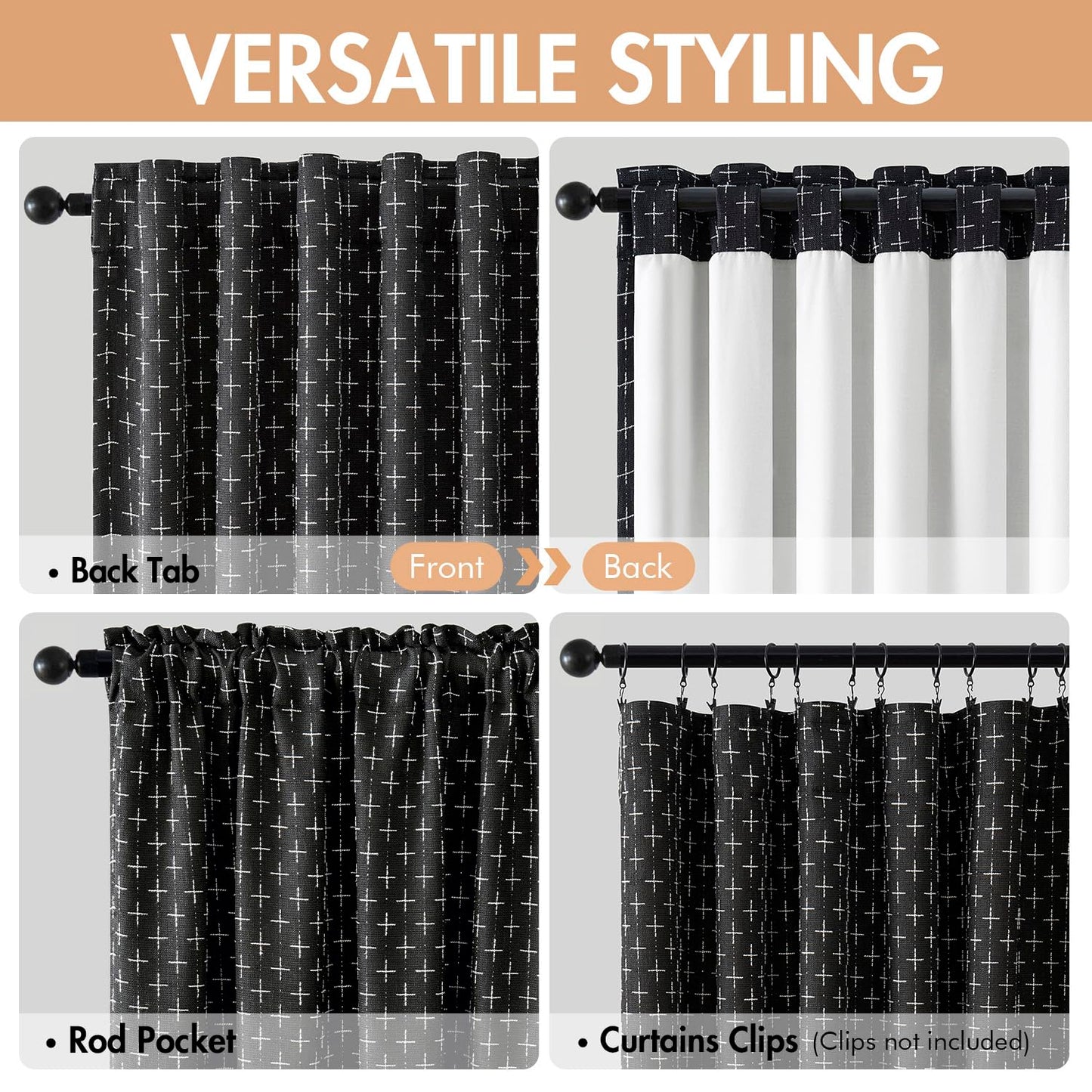 MIULEE 100% Blackout Decorative Linen Curtains with Geometric Pattern, Thick Woven Farmhouse Rustic Patterned Drapes with Back Tab for Bedroom and Living Room, Black, 52 x 84 Inches, 2 Panels