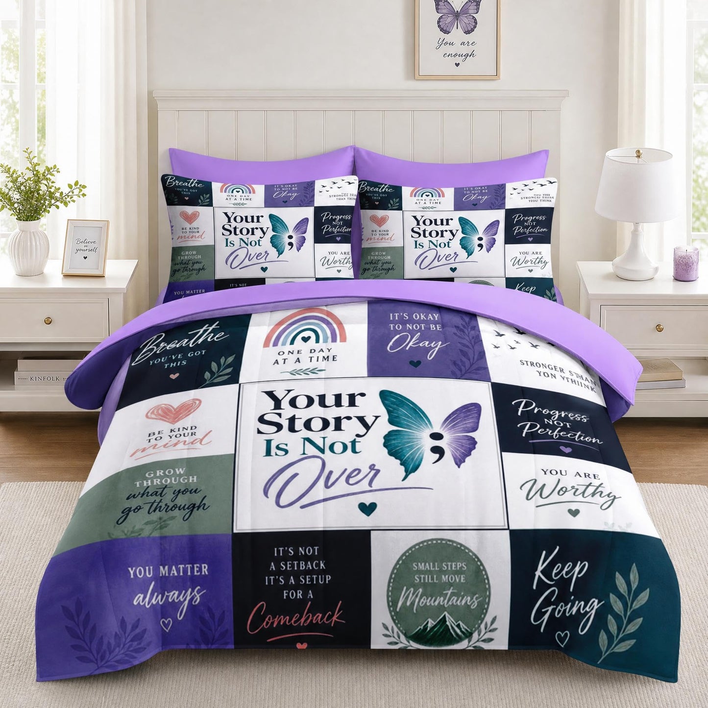 Boewywh Comforter Set Twin Size Inspirational Motivational Butterfly 7 Pcs, Bedding for Kids and Adults, Bed Sheet Sets with Fitted Sheet 2 Pillowcases & 2 Shams for Bedroom Bed Decor