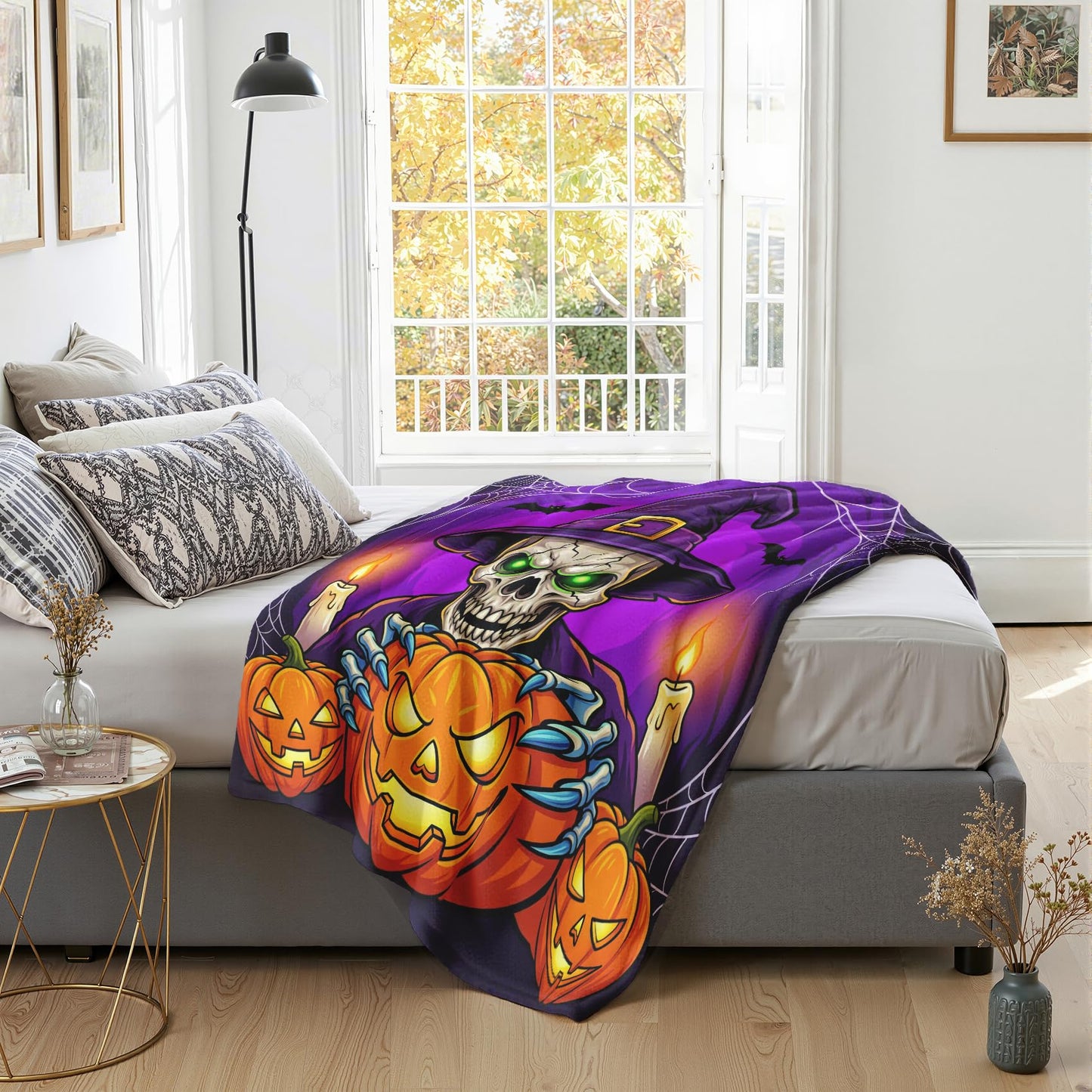 GEDAEUBA Halloween Throw Blanket for Couch - Scary Skeleton Pumpkin Bat Spider Web Fleece Blanket King Size, Soft Cozy Blankets & Throws for Couch, Bed, and Sofa, 90x108 inches