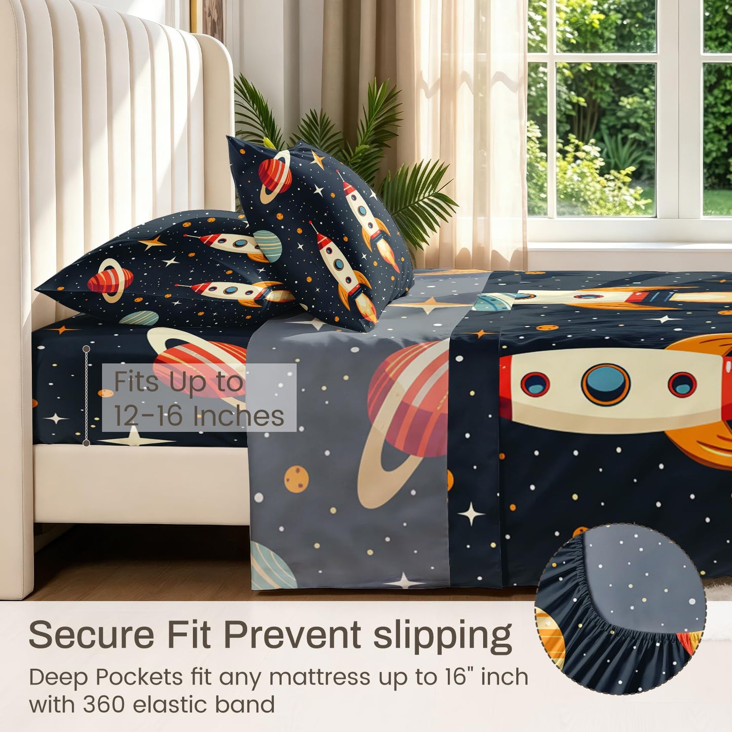Rocket Twin Sheet Set 3 Pcs Boys Outer Space Bed Sheets, Navy Blue Red