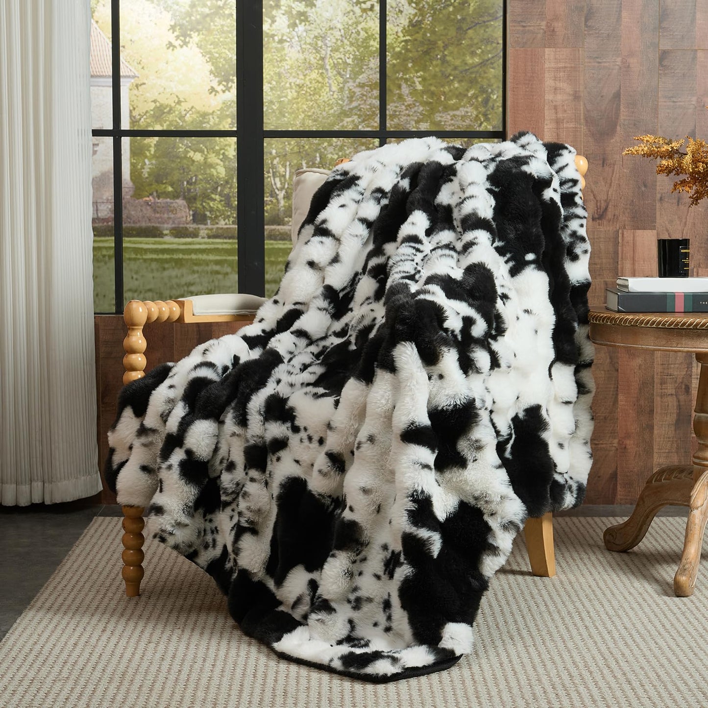 Lotus Karen Faux Fur Throw Blanket Cow Print-Black, Fluffy Fuzzy Plush Bubble Blanket for Couch, 60x50 Inches Cozy Shaggy Rabbit Blanket, Luxury Decorative Gifts for Sofa Bedroom Living Room.