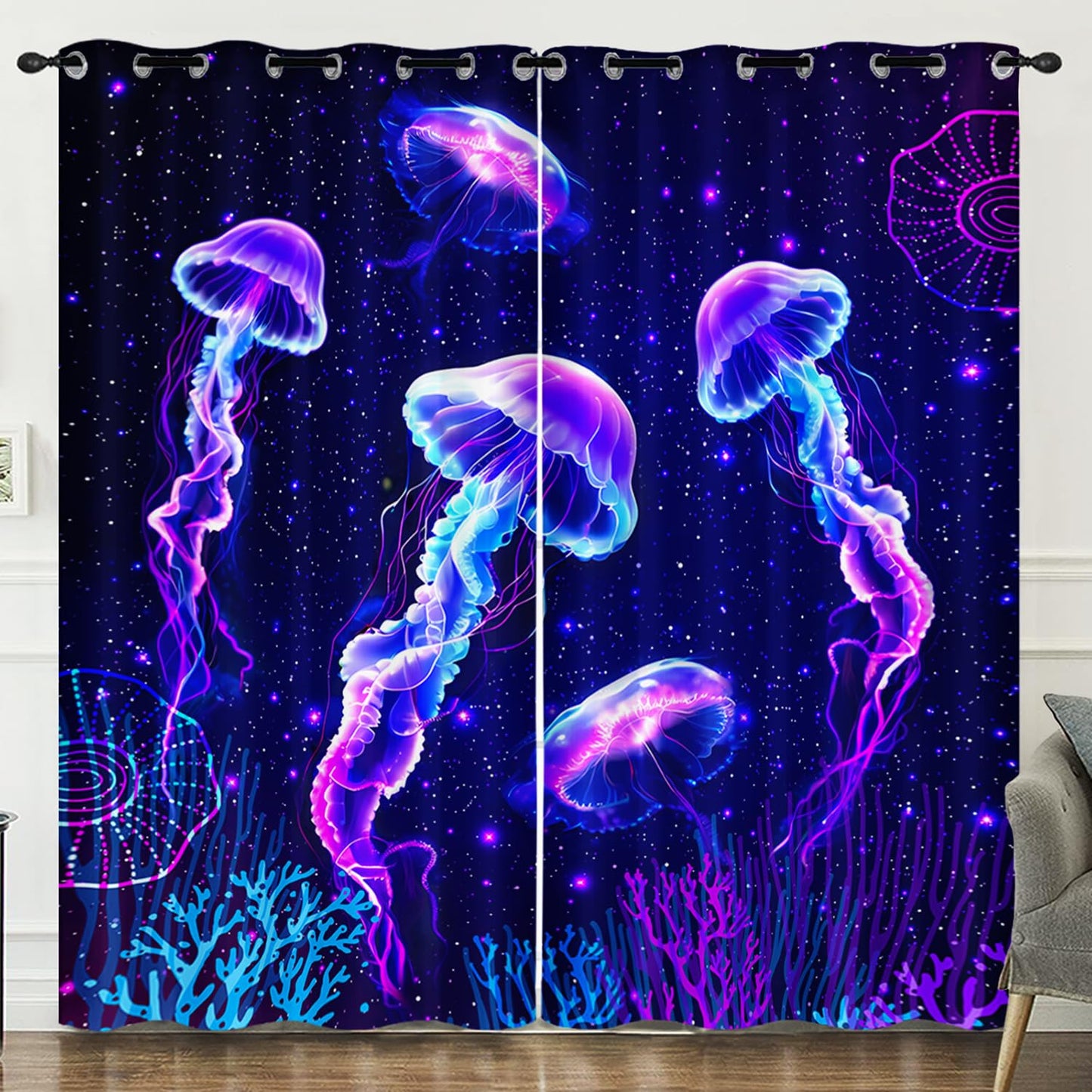 HOSIMA Jellyfish Pattern Fancy Curtains for Living Room Bedroom Decor Aesthetic for Teen Girls,Fantasy Starry Sky Curtains 2 Panels for Bedroom Cool Room Accessories,38W*54H Inch