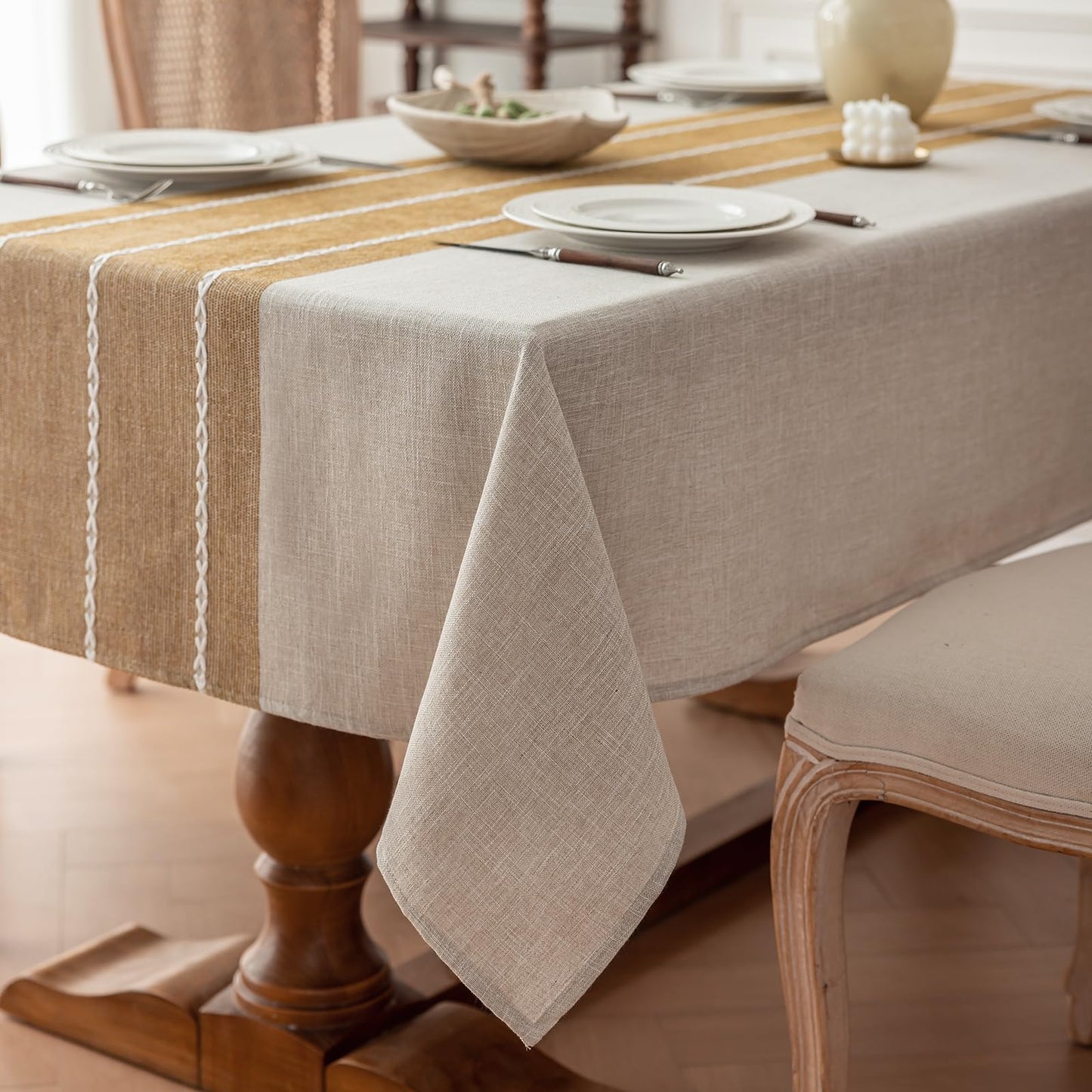 Joyfol Day Rustic Waterproof Cotton Blend Tablecloth, Heavy Weight Embroidery Table Cover for Rectangle Tables, Burlap Farmhouse Style with Coffee Line Pattern, 55" x 120"