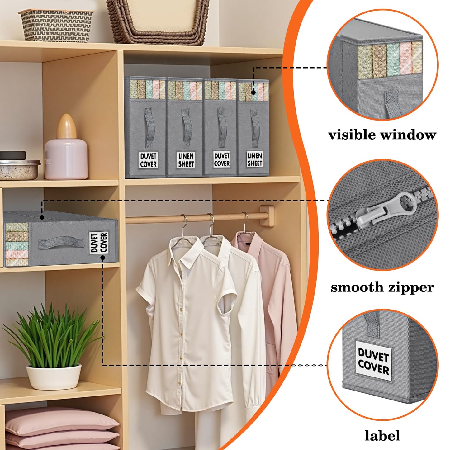 WOWBOX Sheet Organizers and Storage,Closet Bed Sheet Organizer Under Bed Storage and Organization with Label Cards & Clear Window for Bedding Sheets,Duvet Covers,Blankets (6 Pack，Gray)