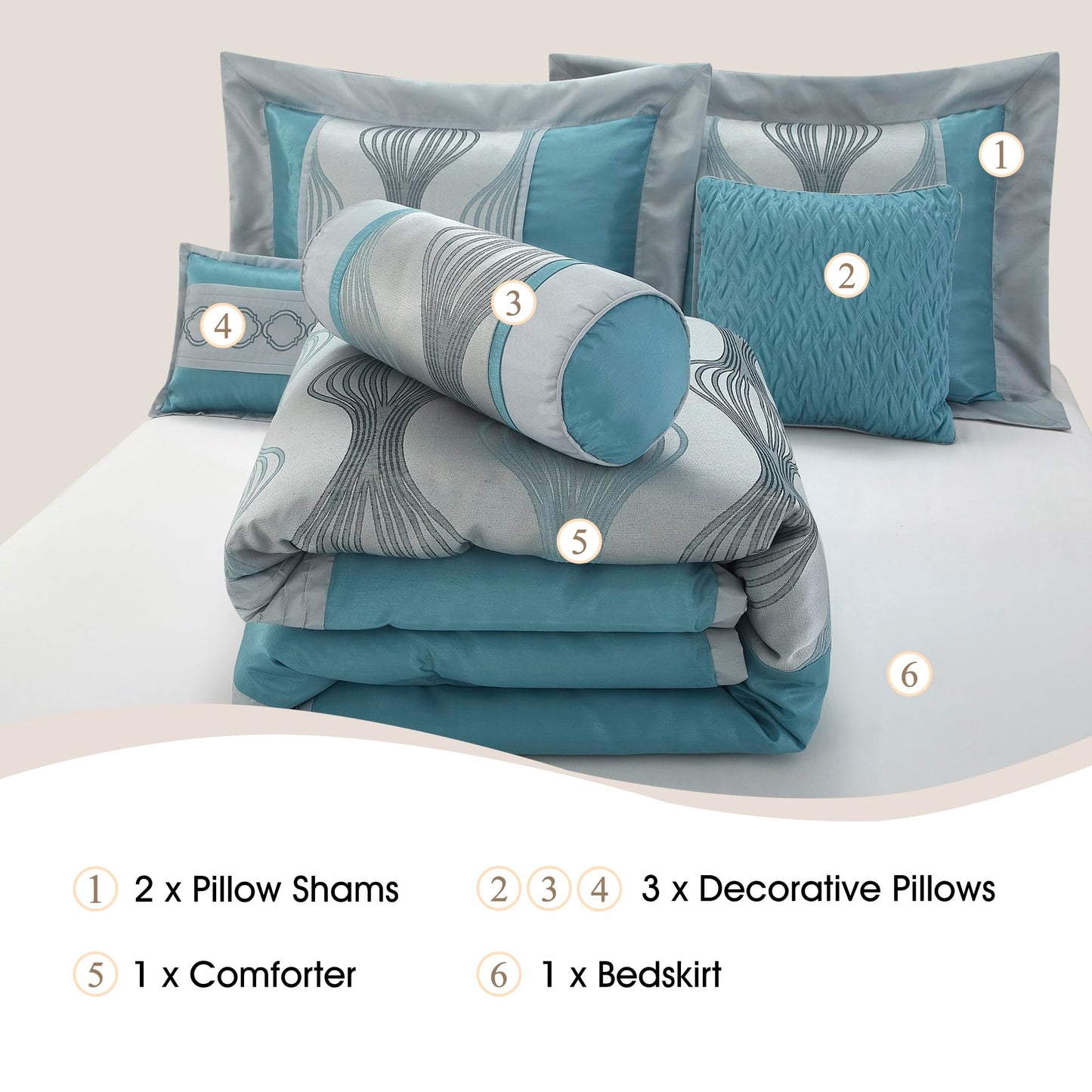 Stratford Park 7 Piece Blue Comforter Set, Queen Size Jacquard Bedding Set, All Season Geometric Patchwork Bedding Set, Matching Pillows, Shams, Bed Skirt