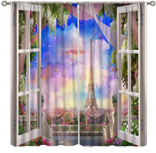 Eiffel Tower Decor Curtain Rustic Floral Vintage Flowers Romantic France Paris Street Landscape for Living Room Bedroom Kids Room Darkening Curtain Set 2 Panels,42x45 Inches