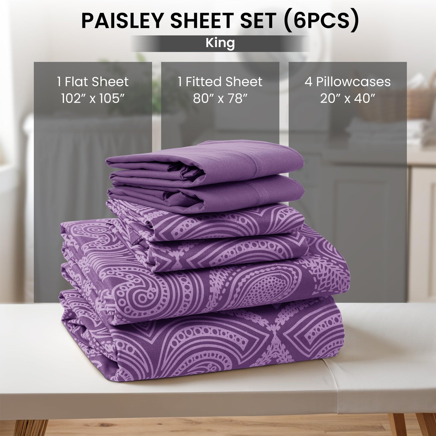 Ultra Soft Wrinkle-Free Microfiber Paisley King Sheet Set, Cute Floral Pattern Boho Print – 16" Deep Pocket Fitted Sheet, Flat Sheet & 4 Pillowcases, Breathable, OEKO-TEX - Purple