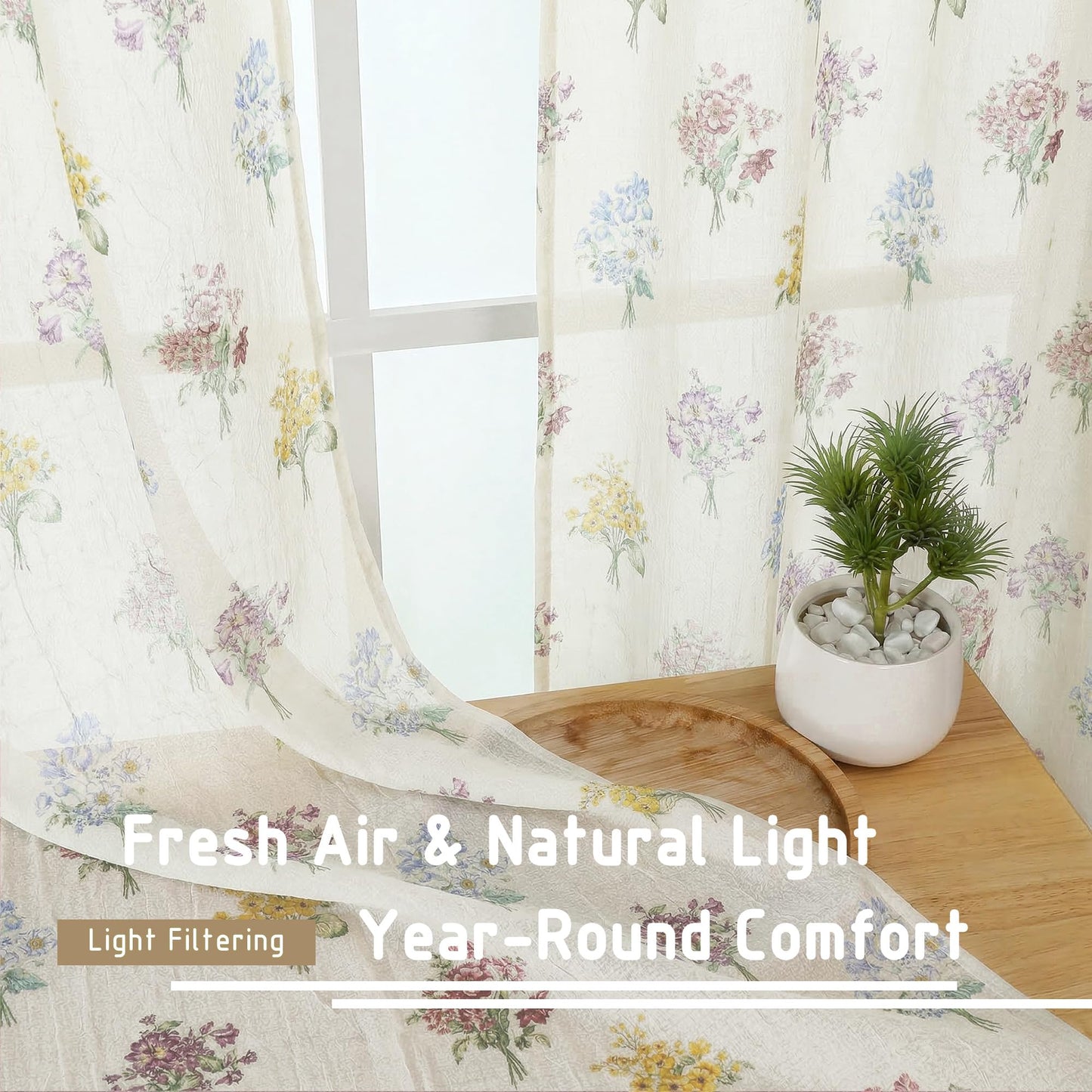 Ebesto Crushed Floral Sheer Curtains 63 Inch Length - Light Filtering Printed Sheer Flower Patterned Curtains for Bedroom, Spring Romantic Rod Pocket Window Drapes, 2 Panels, 42Wx63L Inches, Natural